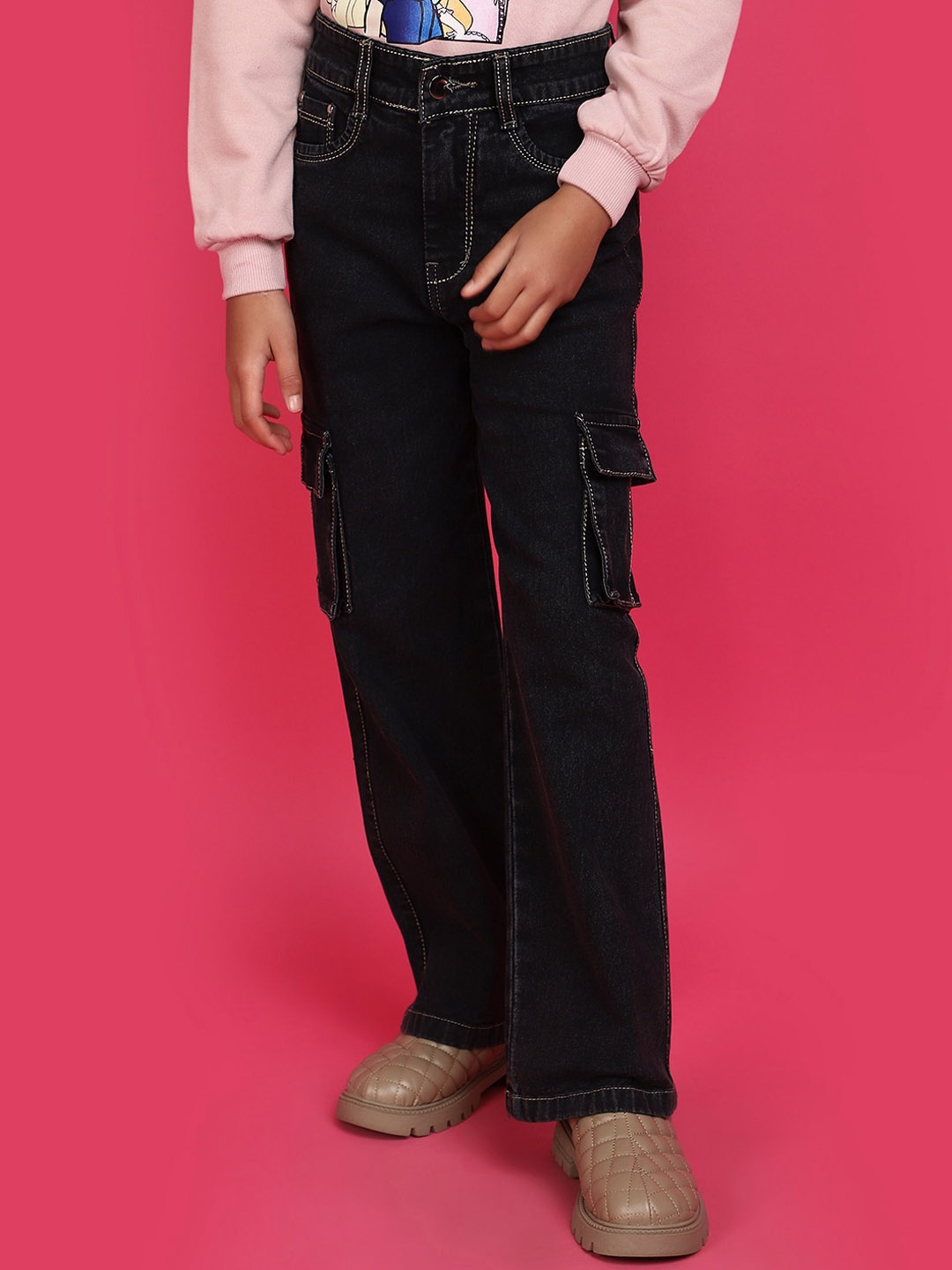 

V-Mart Girls Clean Look Cargo Jeans, Black