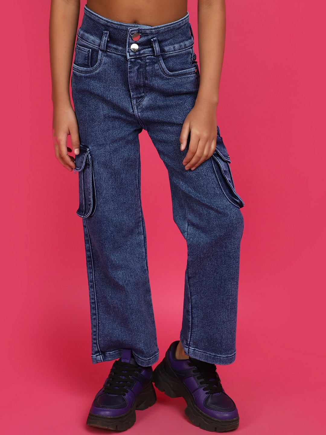 

V-Mart Girls Heavy Fade Cargo Jeans, Blue