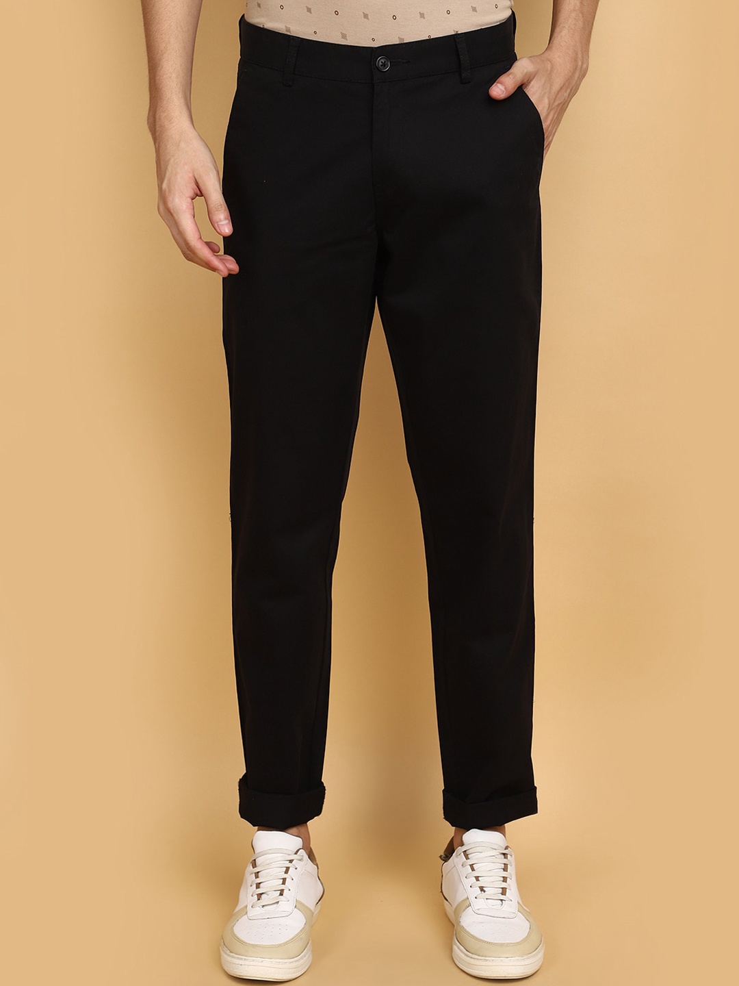 

V-Mart Men Slim Fit Mid-Rise Cotton Chinos Trousers, Black