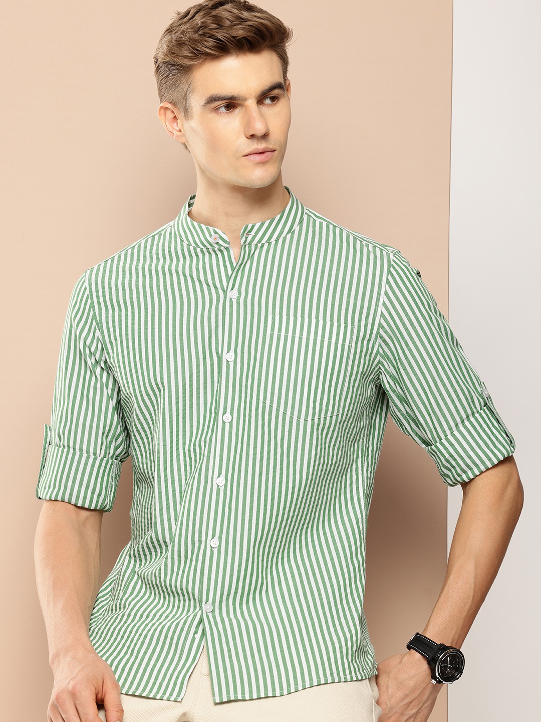 

INVICTUS Pure Cotton Slim Fit Opaque Striped Casual Shirt, Green