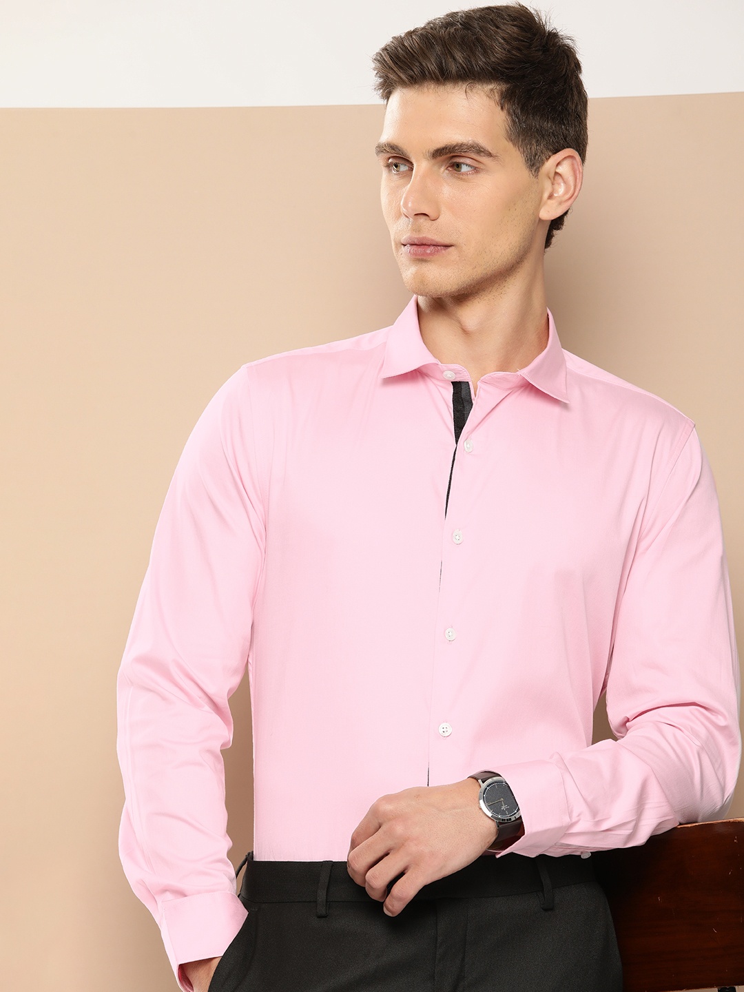 

INVICTUS Pure Cotton Slim Fit Opaque Semiformal Shirt, Pink