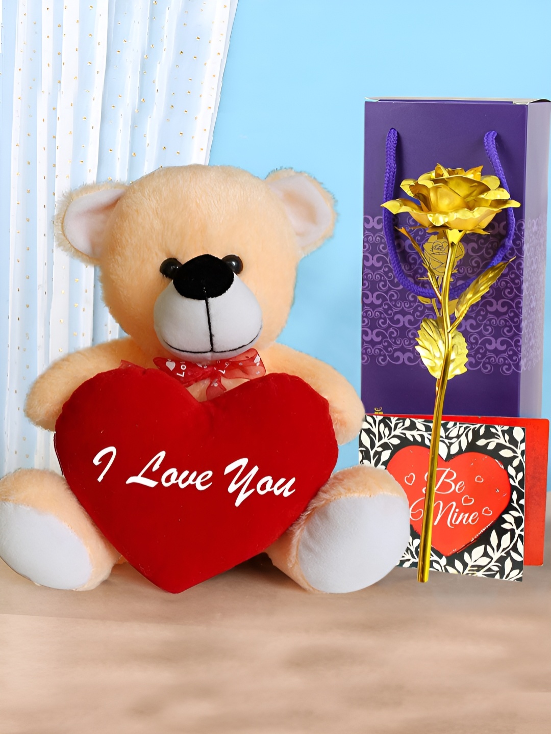 

TIED RIBBONS Red & Beige 3 Pieces Teddy With Rose & Card Home Gift Set