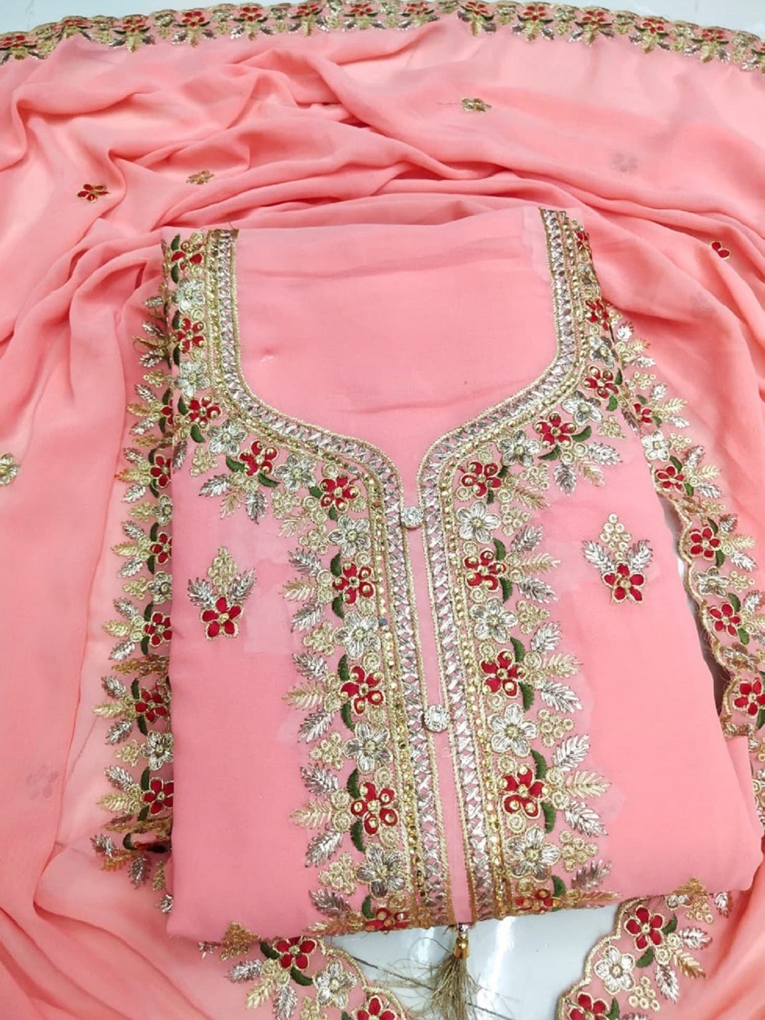 

Panzora Floral Embroidered Beads & Stones Unstitched Dress Material, Peach