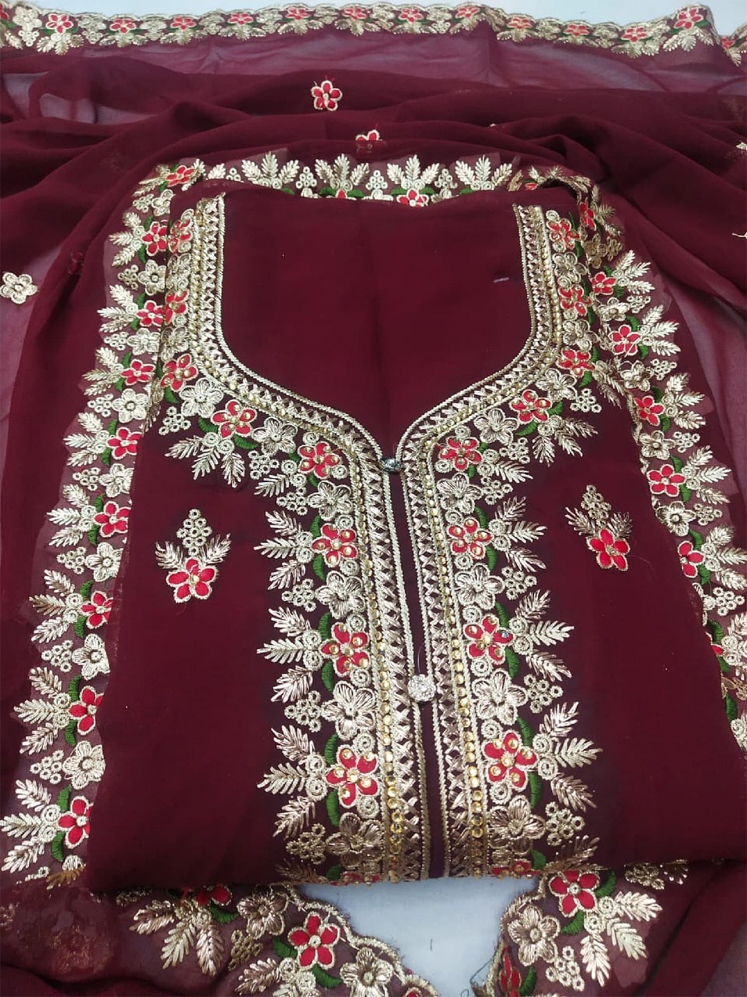 

Panzora Floral Embroidered Unstitched Dress Material, Maroon