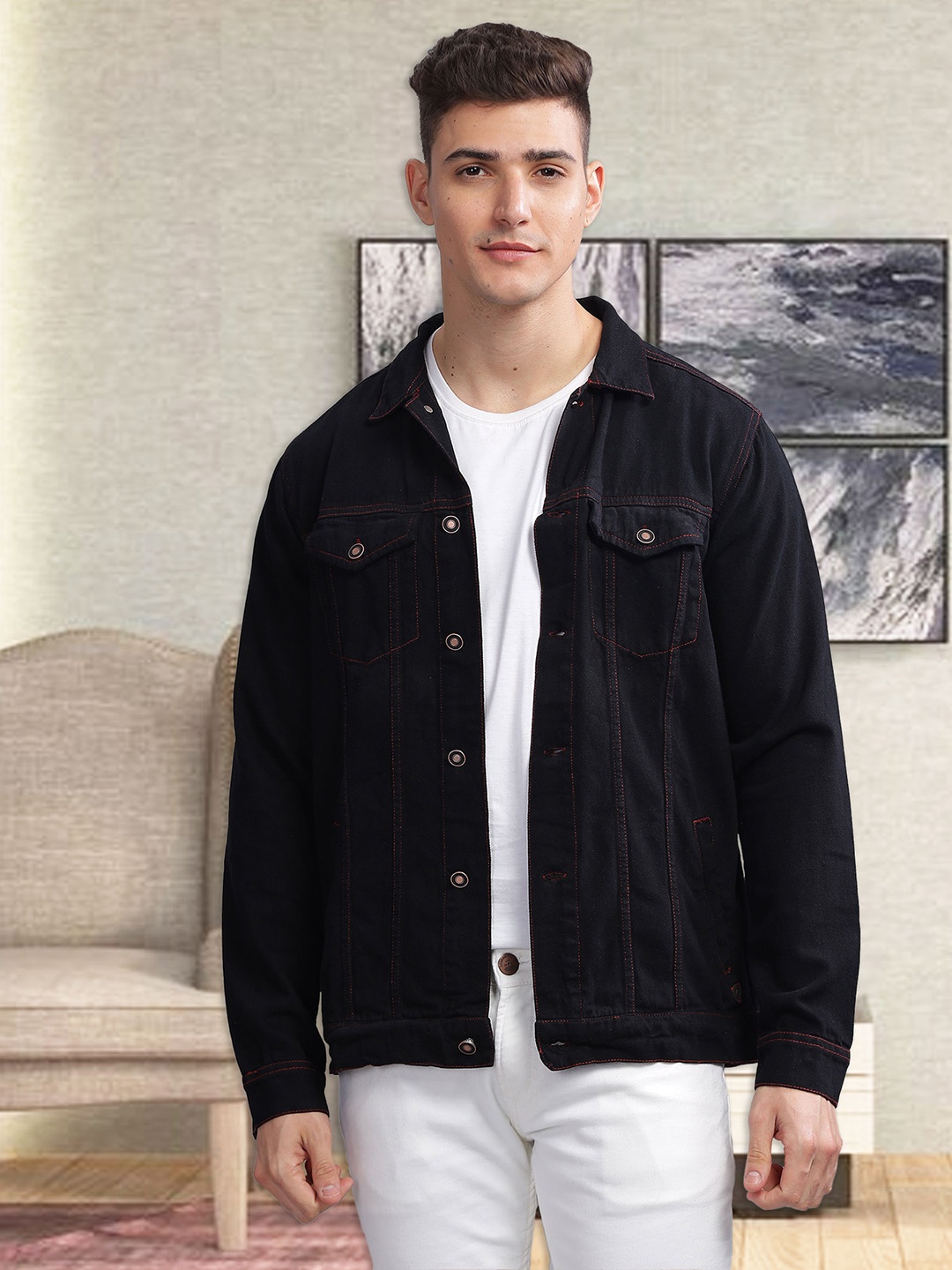 

Kuons Avenue Spread Collar Long Sleeves Denim Jacket, Black