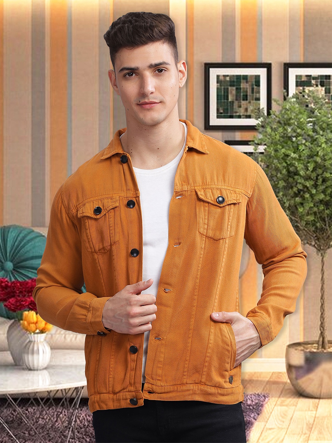 

Kuons Avenue Spread Collar Long Sleeves Denim Jacket, Yellow