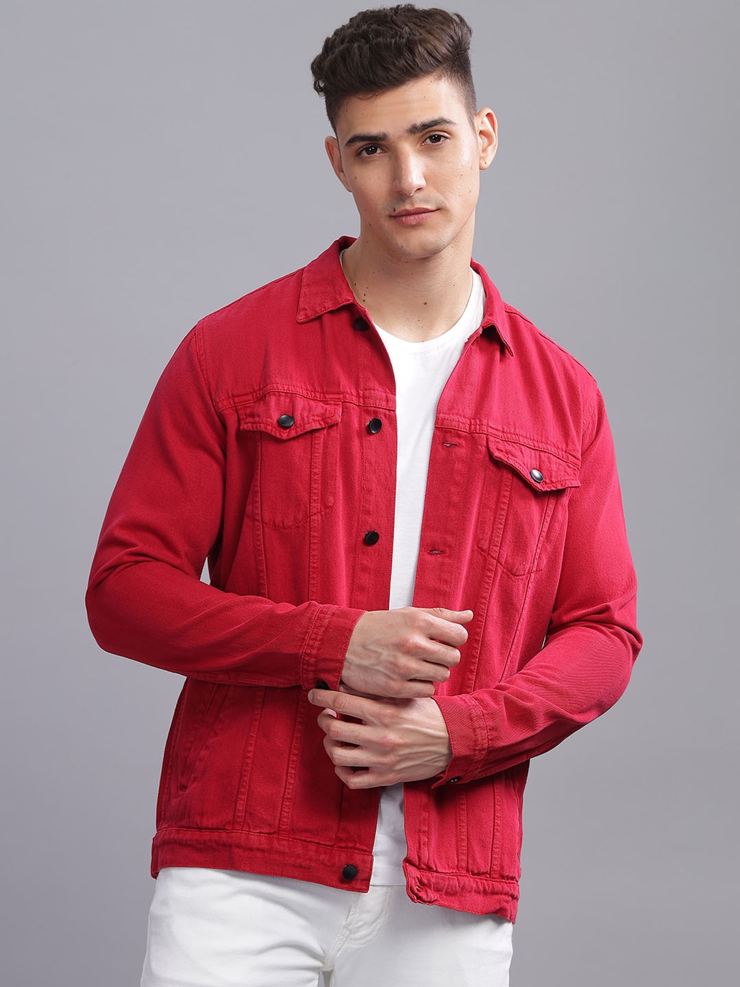 

Kuons Avenue Spread Collar Denim Jacket, Red
