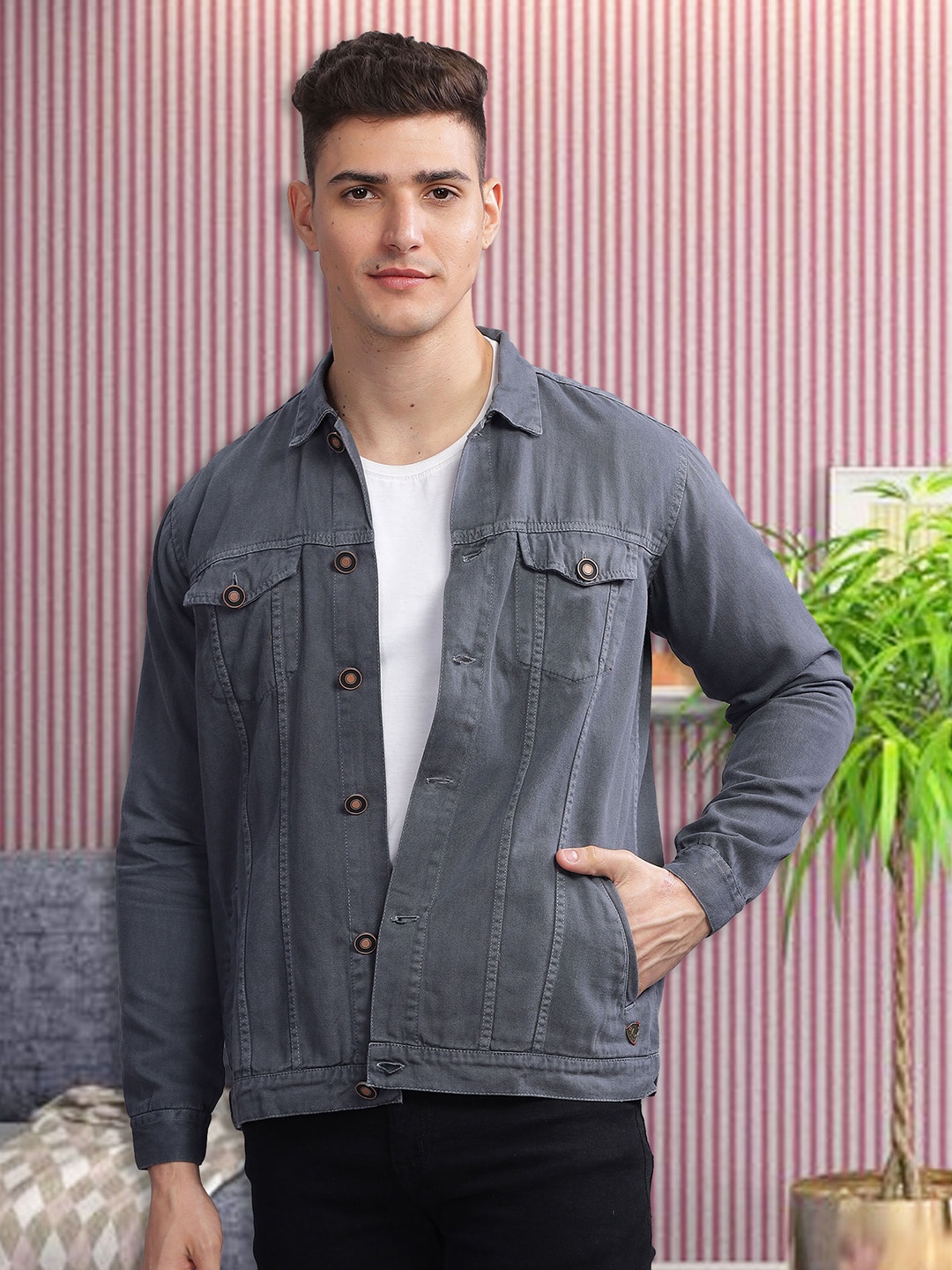 

Kuons Avenue Spread Collar Long Sleeves Denim Jacket, Grey