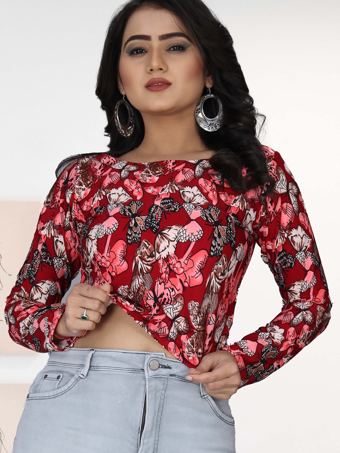 

BAESD Floral Print Boat Neck Long Sleeves Crop Top, Multi