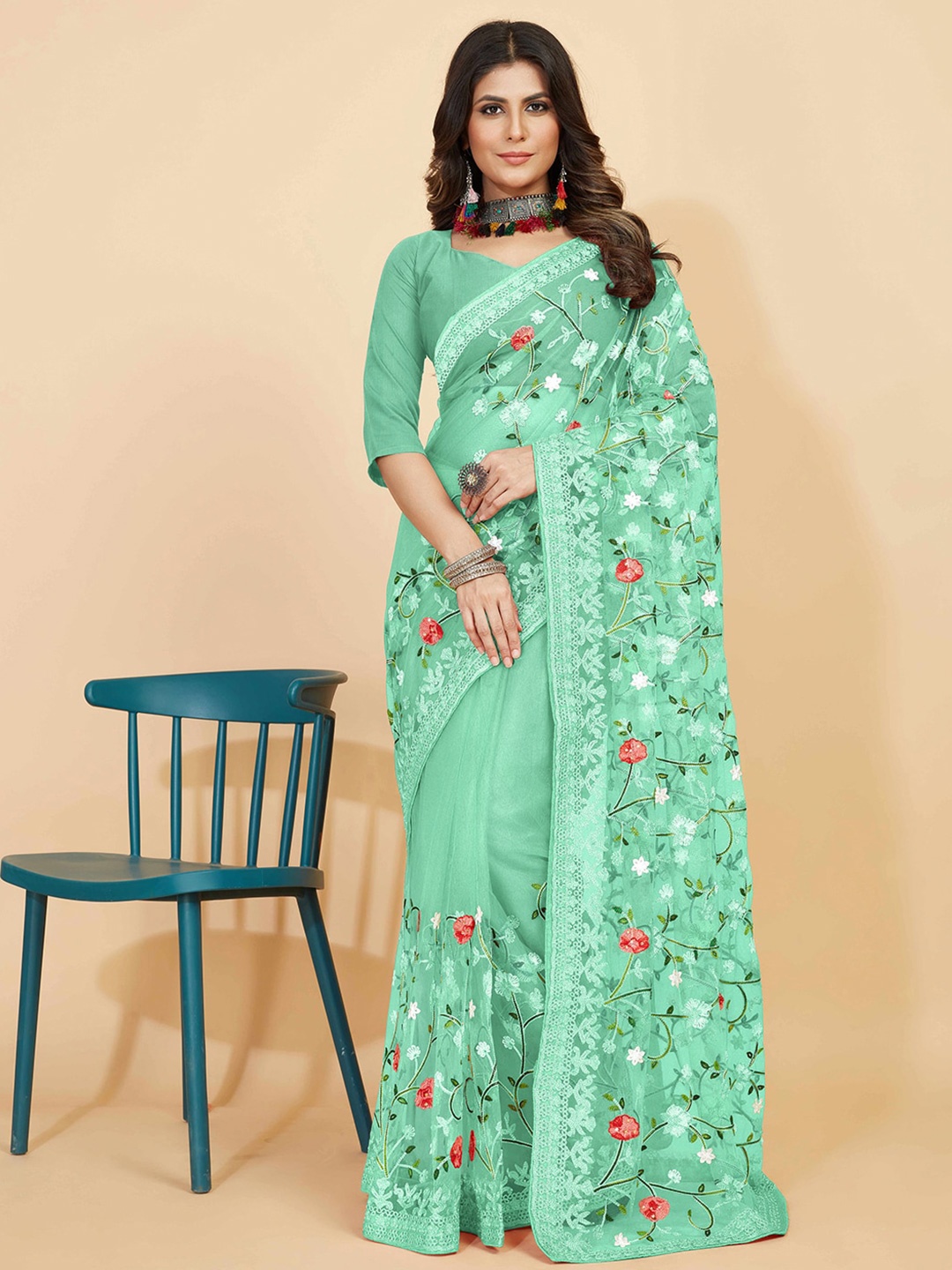

Kasak Floral Embroidered Net Saree, Turquoise blue