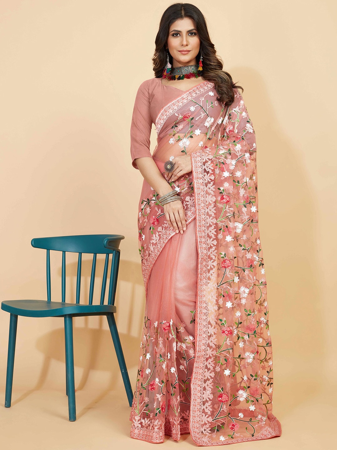 

Kasak Floral Embroidered Net Saree, Peach