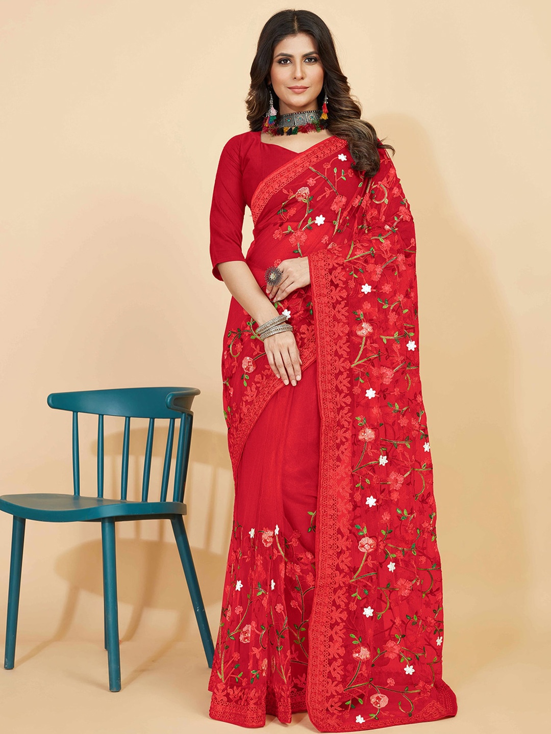 

Kasak Floral Embroidered Net Saree, Red