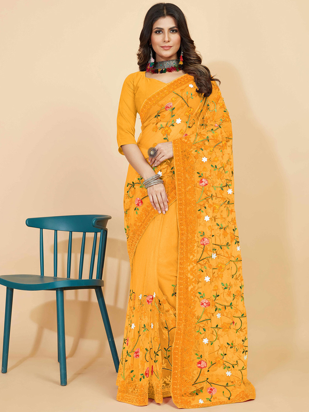 

Kasak Floral Embroidered Net Saree, Yellow