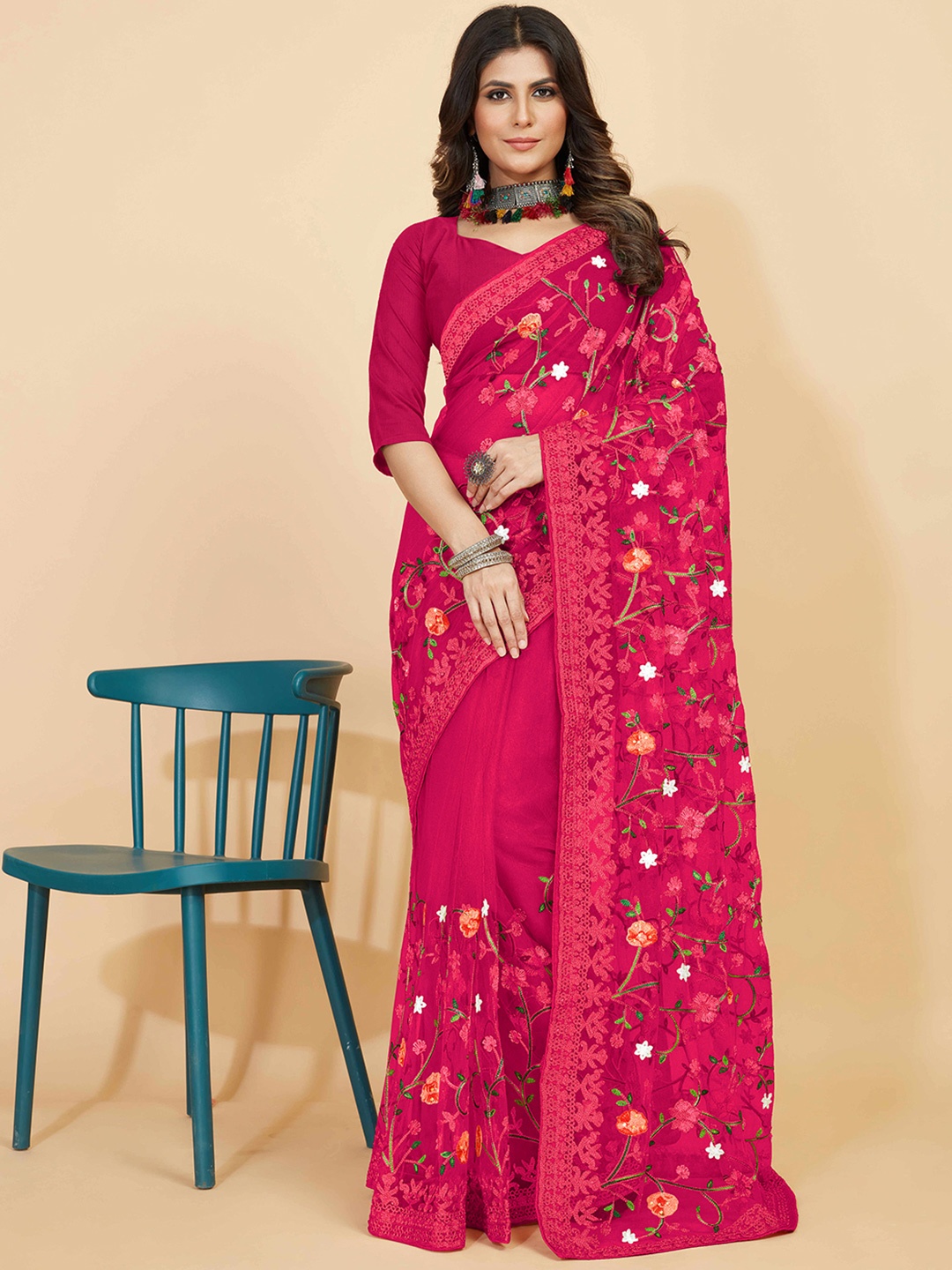 

Kasak Floral Embroidered Net Saree, Pink