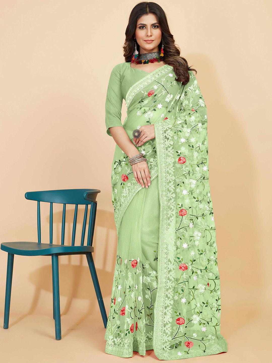 

Kasak Floral Embroidered Net Saree, Green