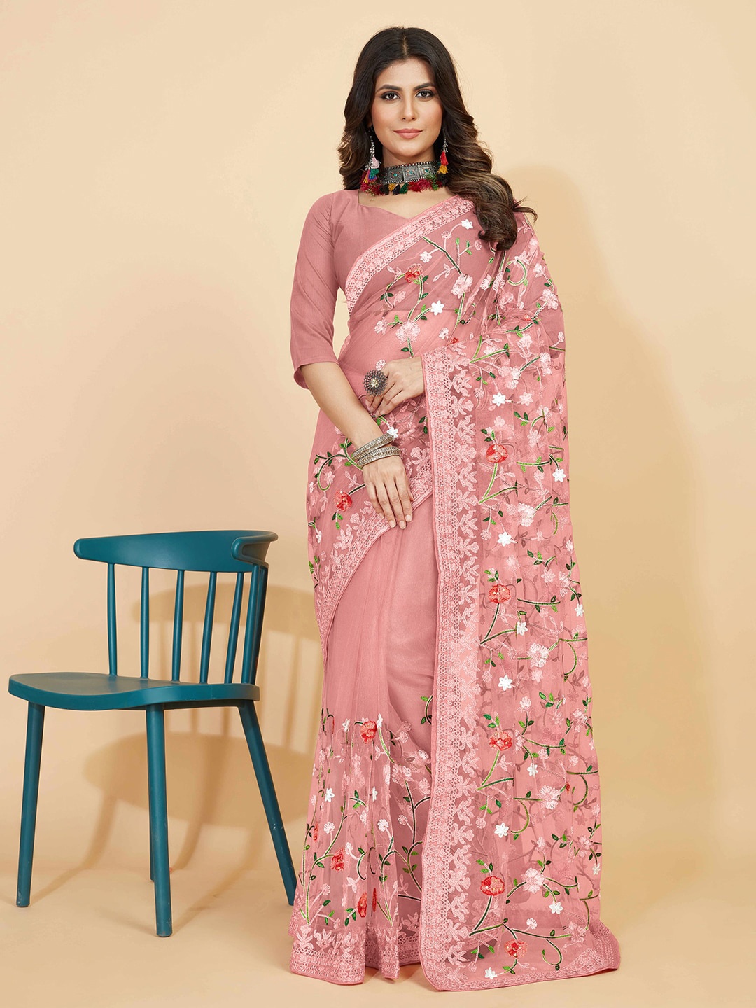 

Kasak Floral Embroidered Net Saree, Pink