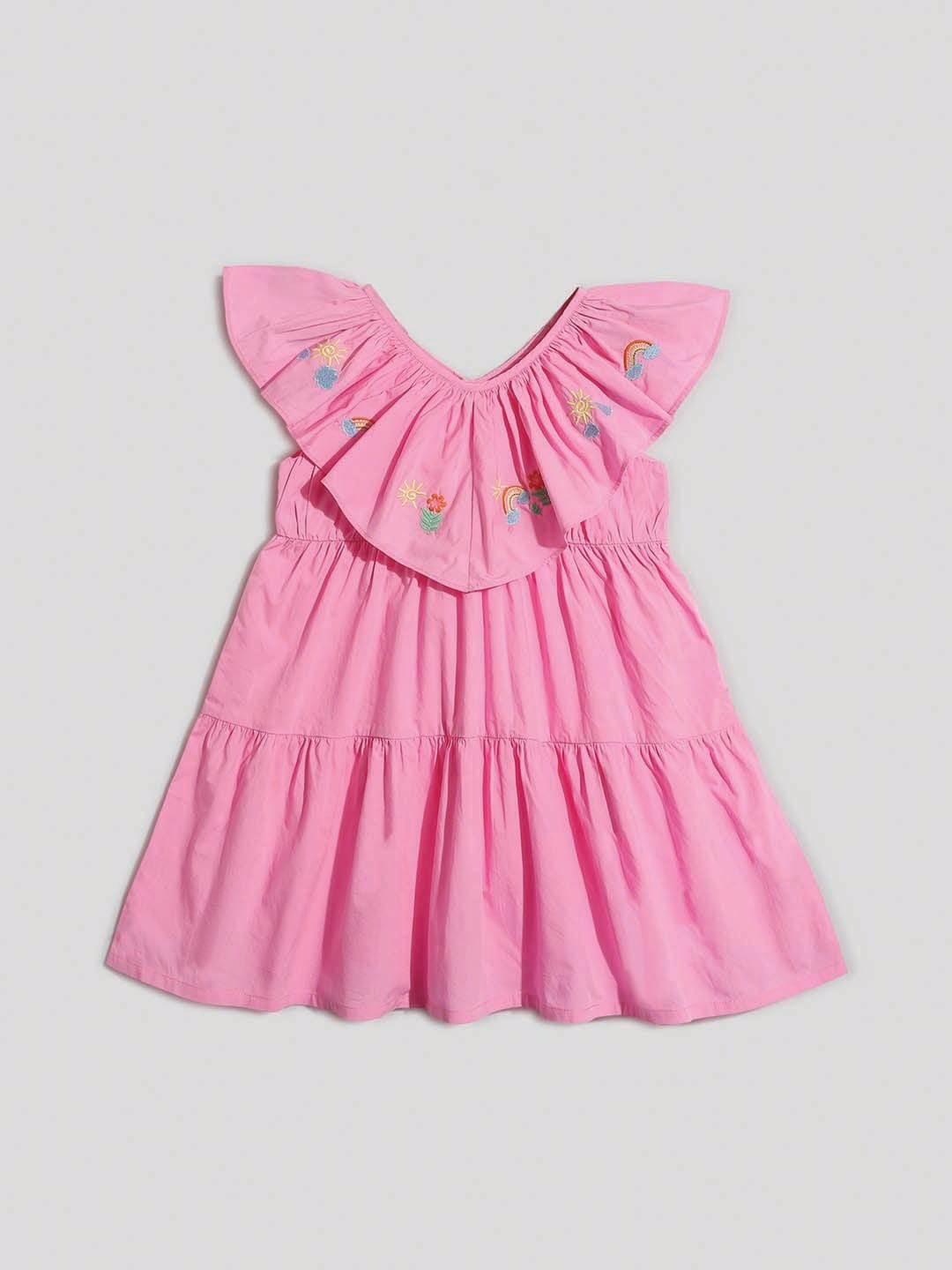 

Somersault Girls Floral Embroidered Round Neck Tiered Cotton A-Line Dress, Pink