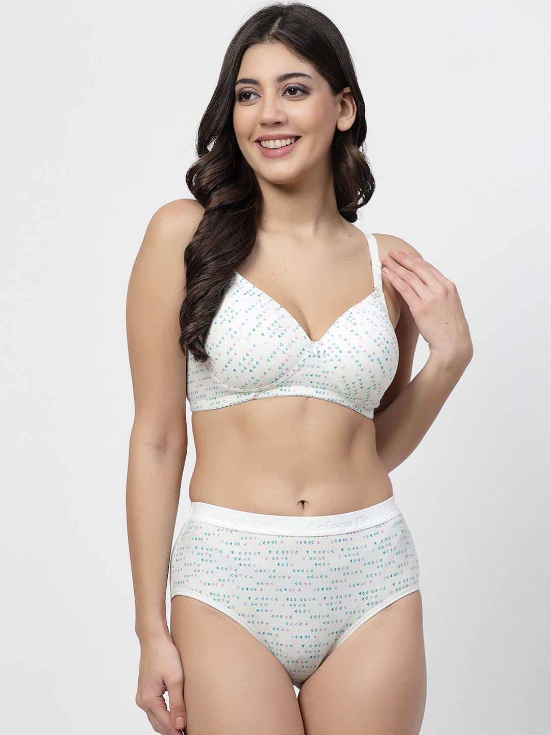 

College Girl Geometric Printed Cotton Lightly Padded Bra & High-Rise Brief, White