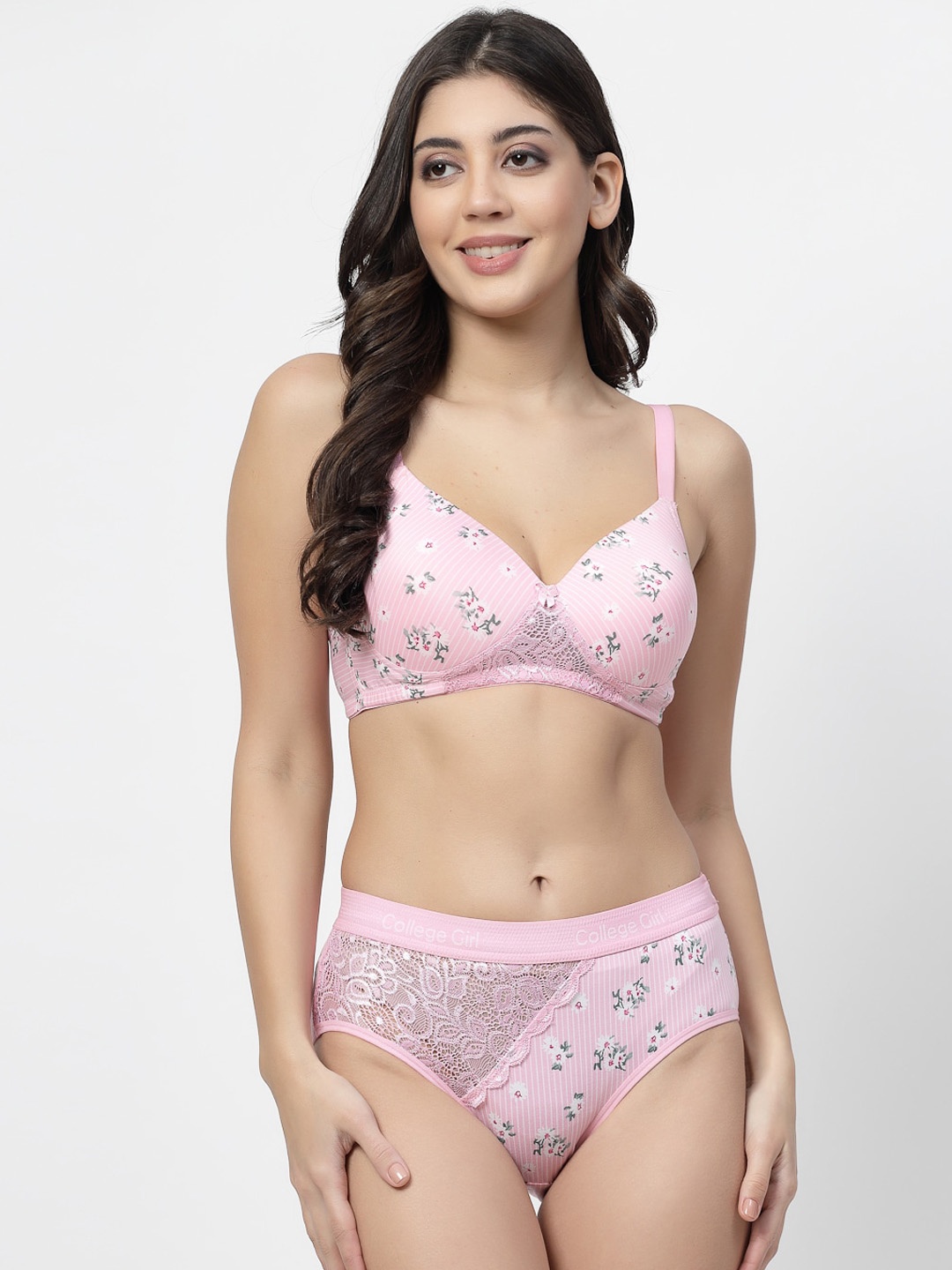 

College Girl Floral Printed Cotton Lightly Padded Bra & High-Rise Brief, Pink