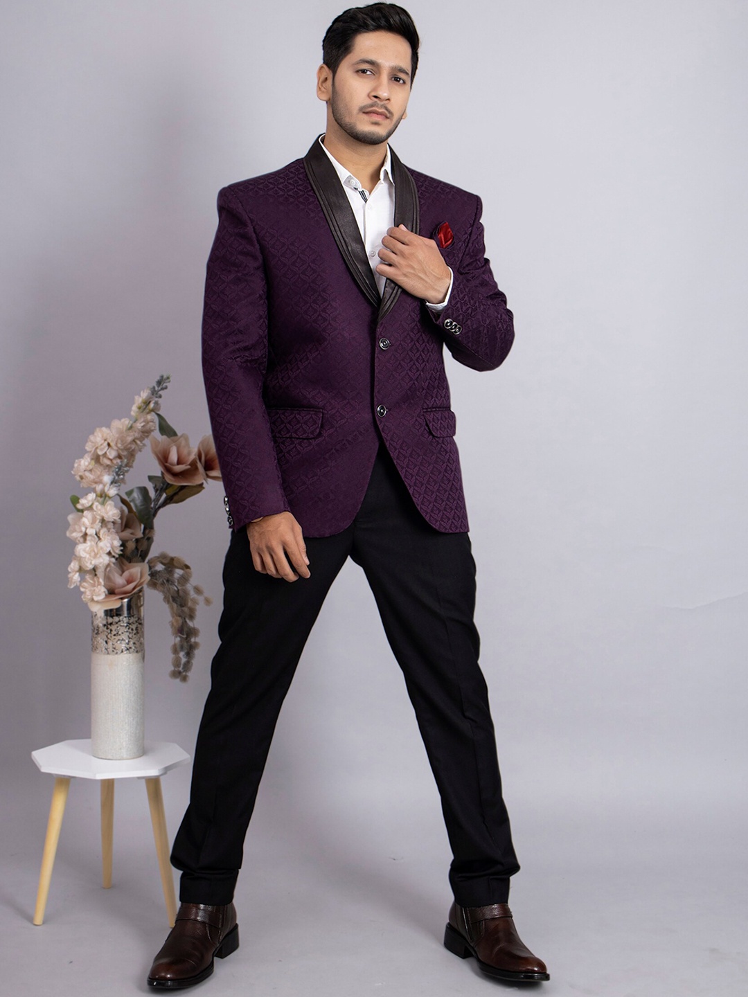 

amzira Self Designed Slim Fit Single Breasted Blazer, Purple