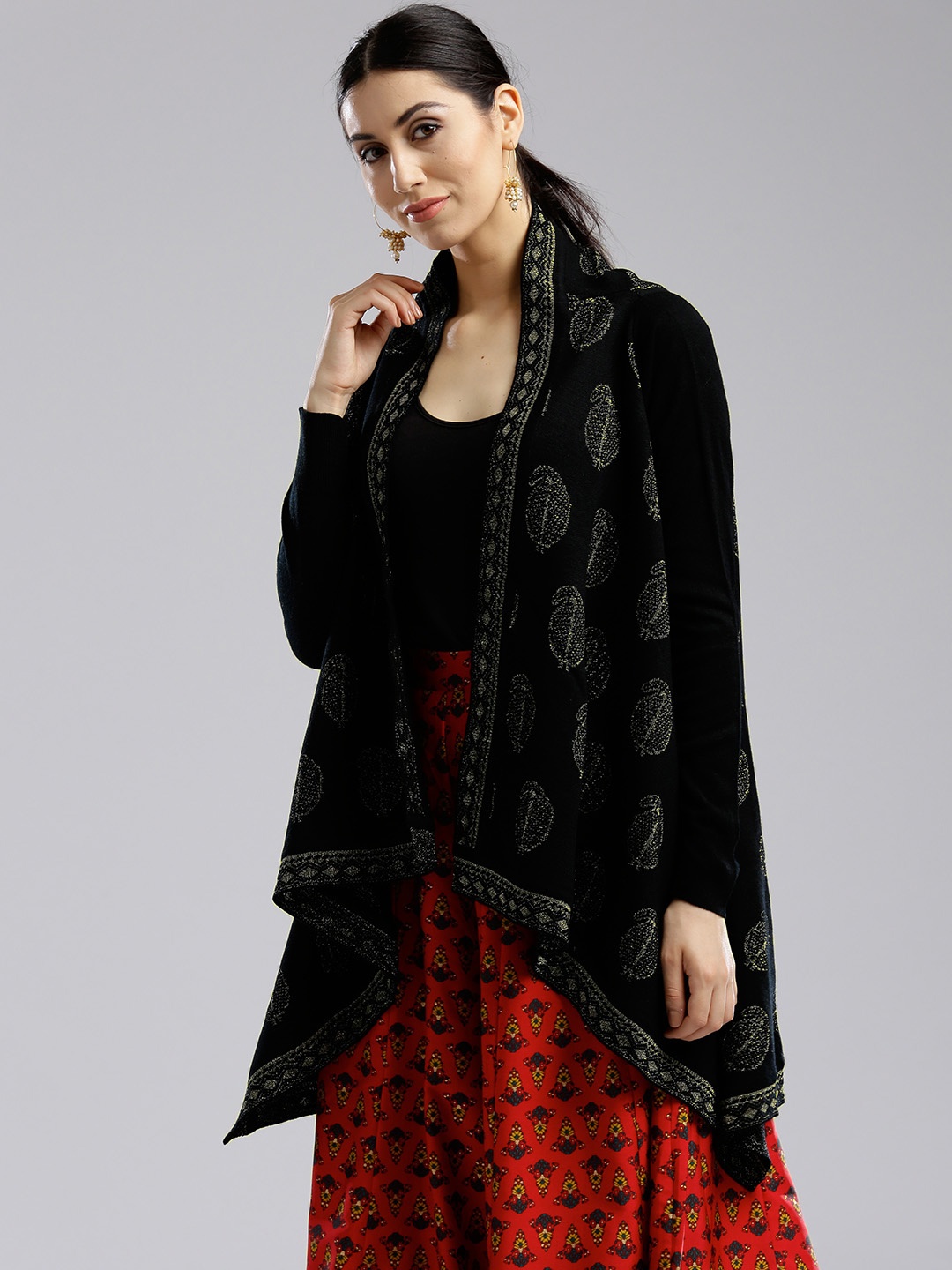 

W Black & Golden Self-Design Open Front Shrug