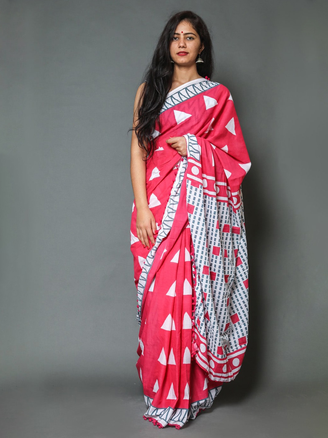 

NIKHILAM Pure Cotton Bagru Saree, Pink