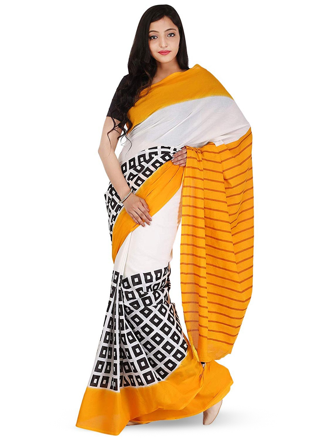 

NIKHILAM Striped Pure Cotton Bagru Saree, Orange