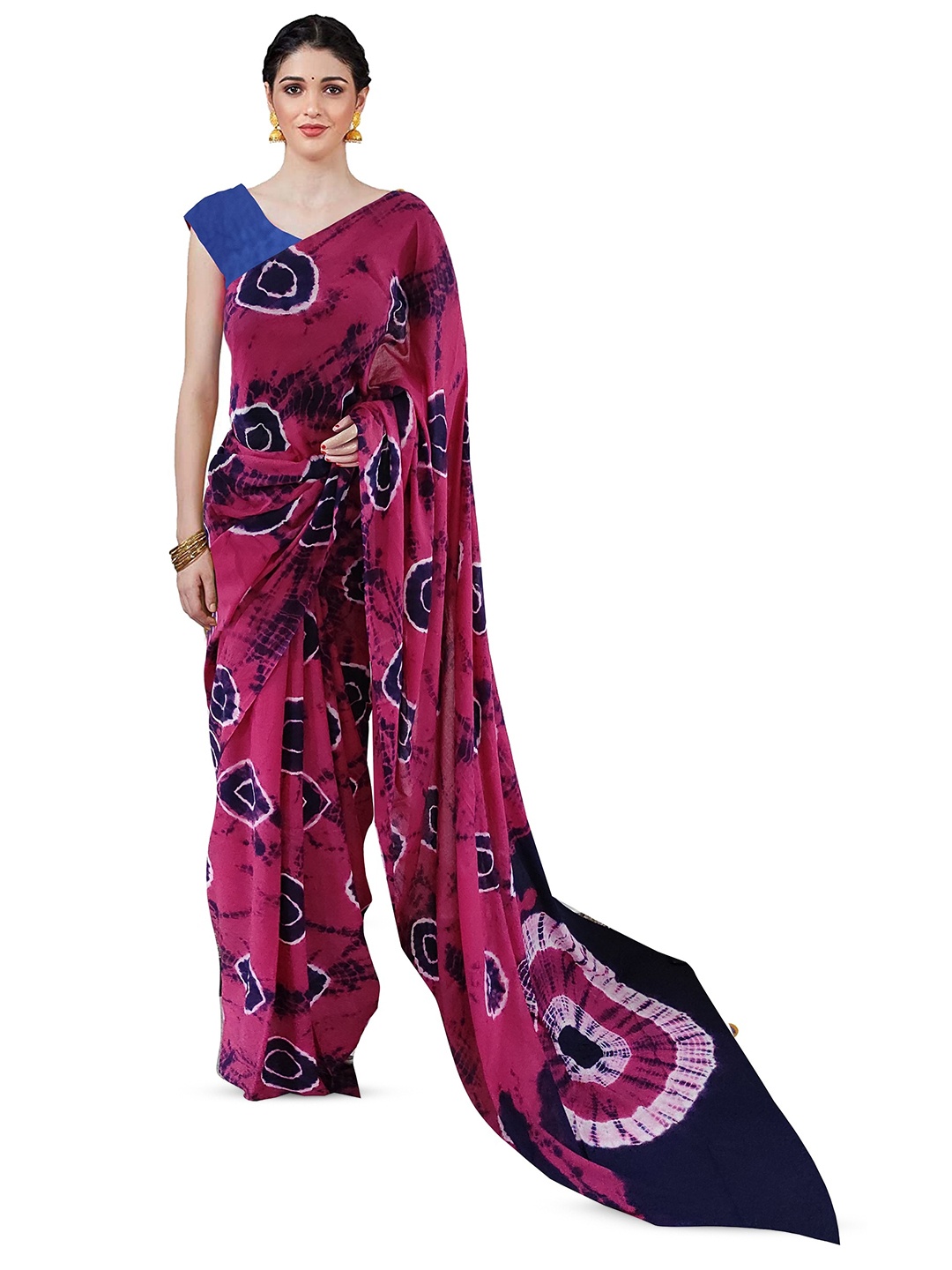 

NIKHILAM Tie and Dye Pure Cotton Block Print Saree, Pink