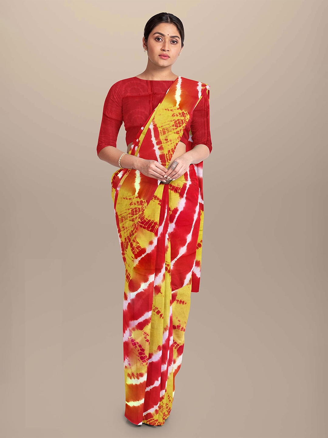 

NIKHILAM Tie and Dye Pure Cotton Bagru Saree, Red
