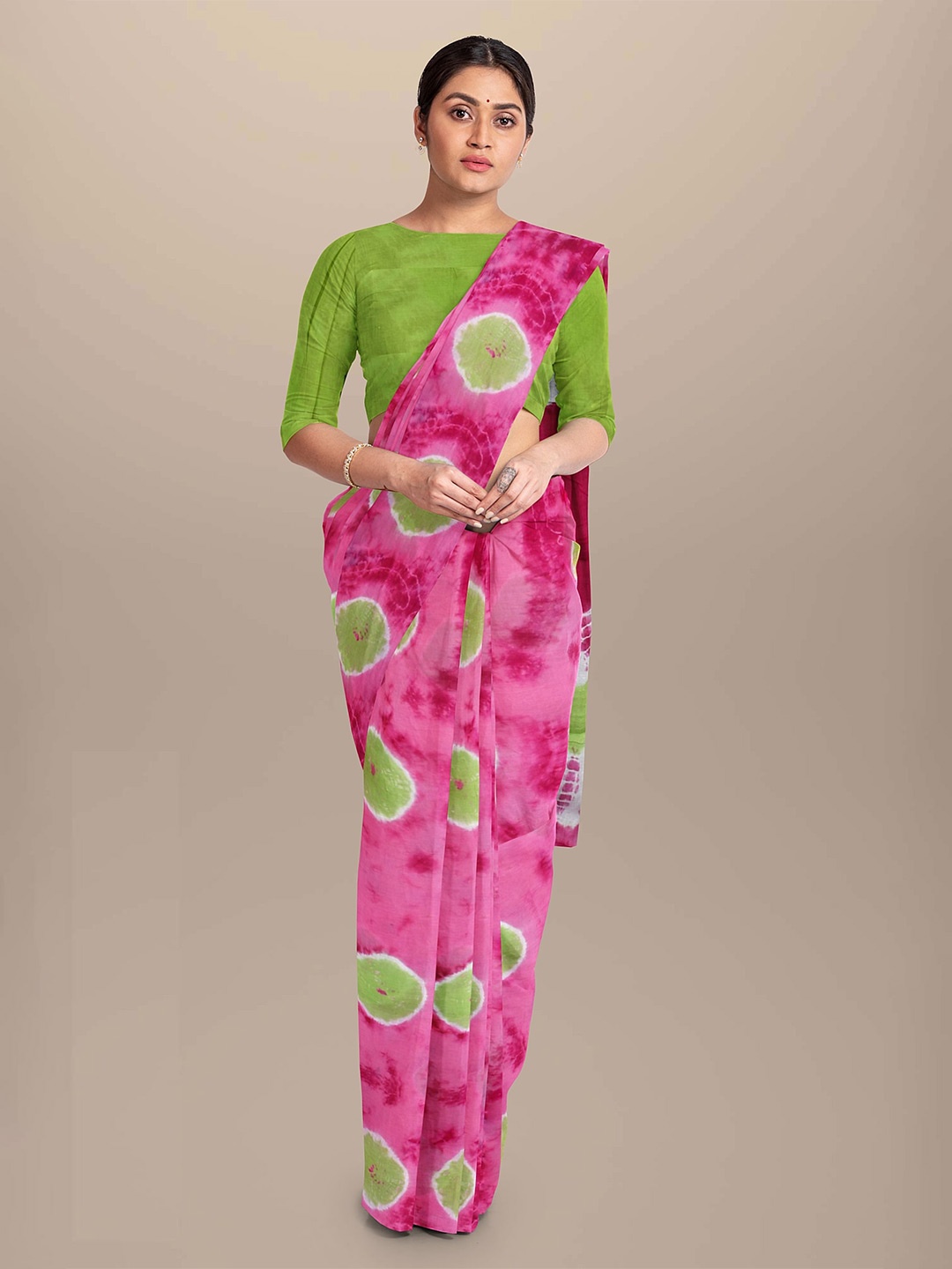 

NIKHILAM Tie and Dye Pure Cotton Bandhani Saree, Pink