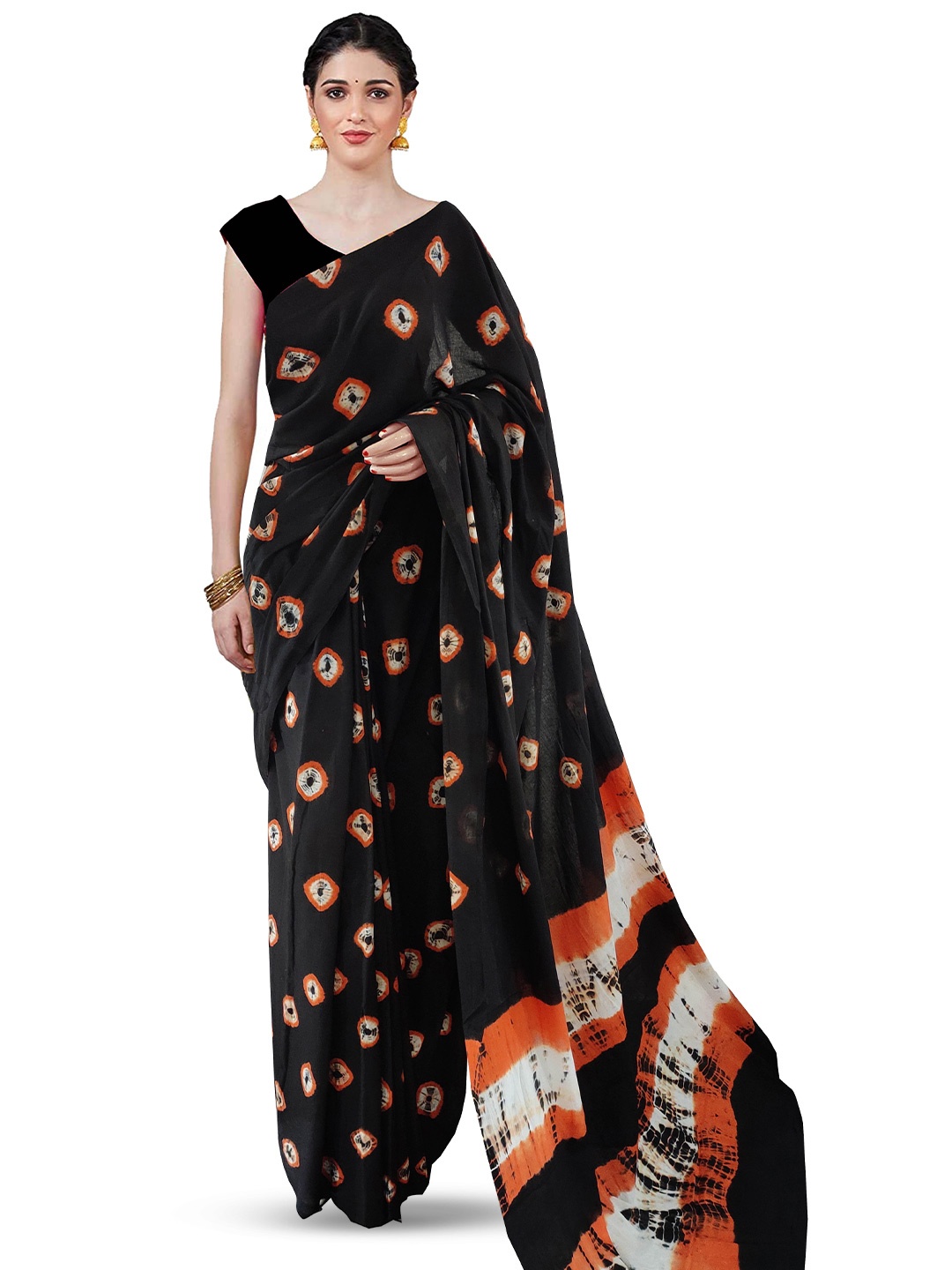 

NIKHILAM Tie and Dye Pure Cotton Bandhani Saree, Black