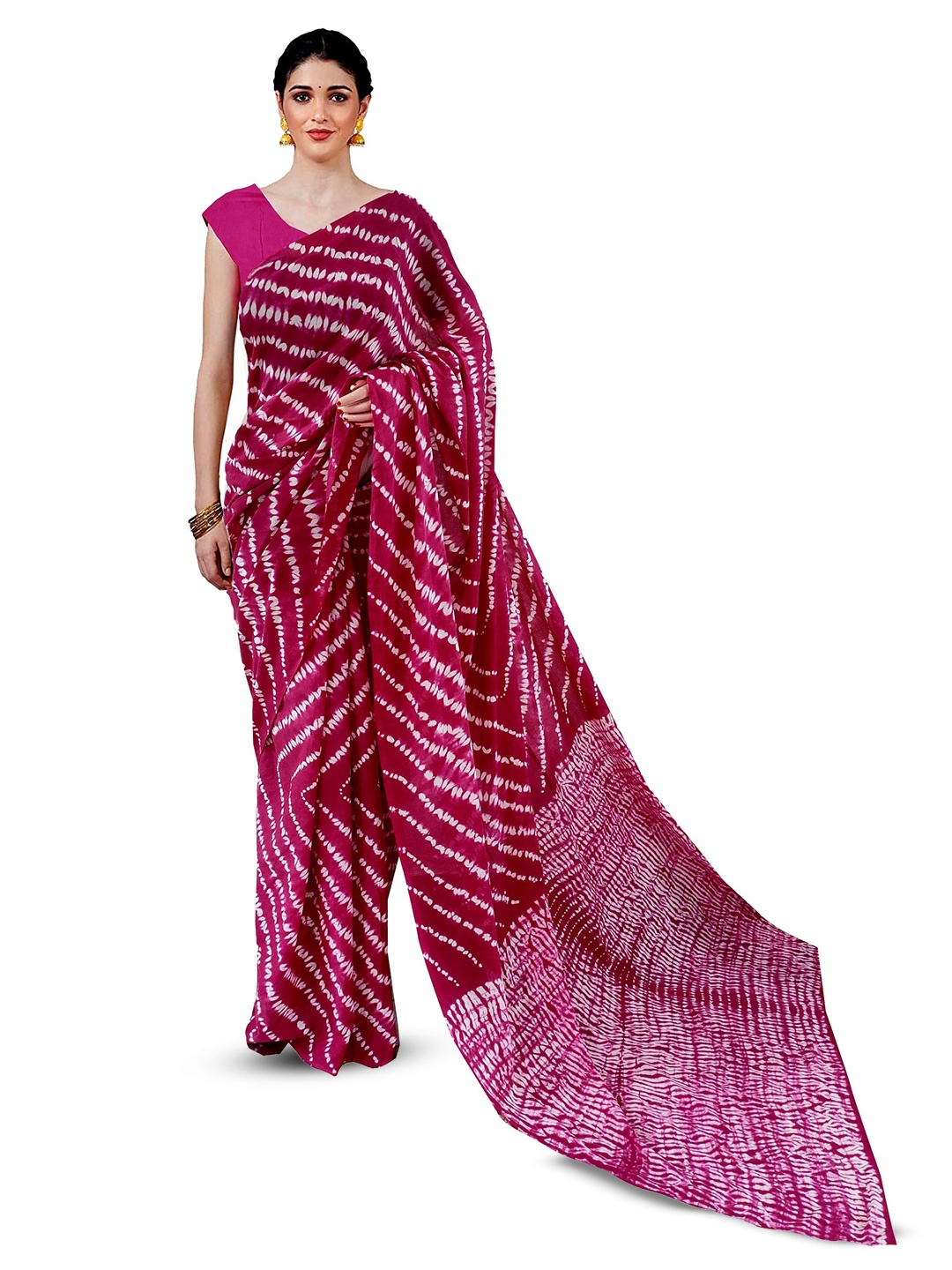 

NIKHILAM Tie & Dye Printed Mulmul Cotton Block Print Saree, Pink