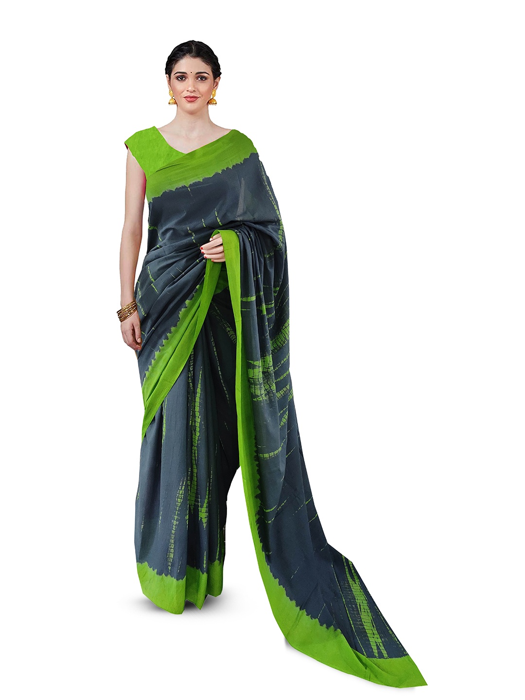 

NIKHILAM Tie & Dye Printed Mulmul Cotton Block Print Saree, Green