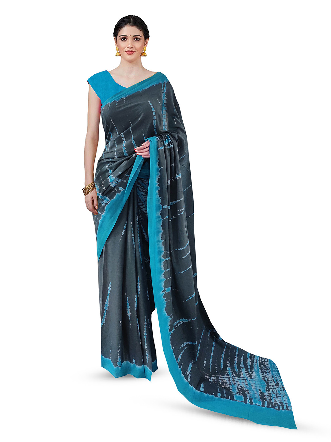 

NIKHILAM Tie & Dye Printed Mulmul Cotton Block Print Saree, Grey