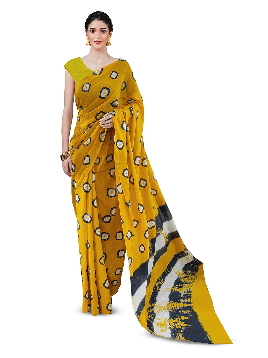 

NIKHILAM Geometric Printed Mulmul Cotton Block Print Saree, Yellow