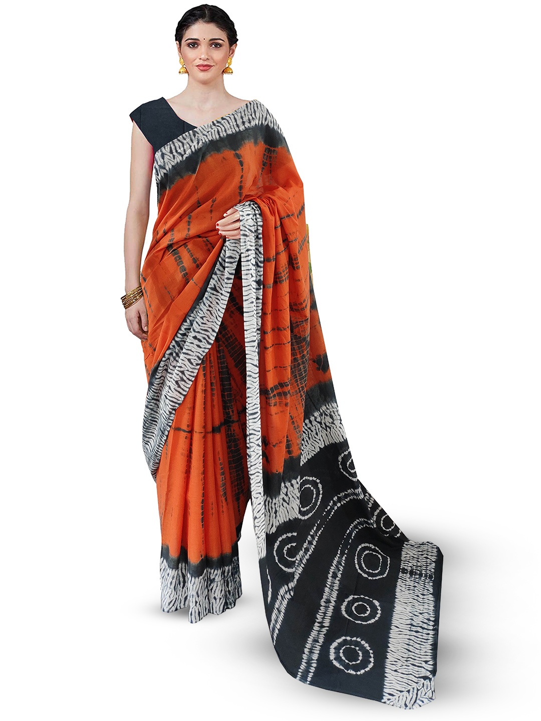 

NIKHILAM Tie & Dye Printed Mulmul Cotton Block Print Saree, Orange