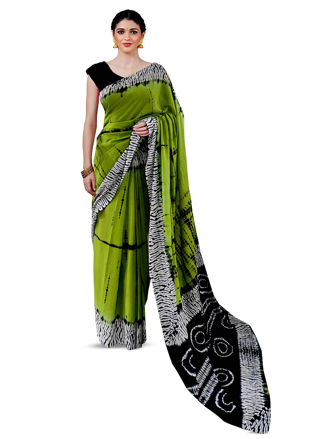 

NIKHILAM Tie & Dye Printed Mulmul Cotton Block Print Saree, Green