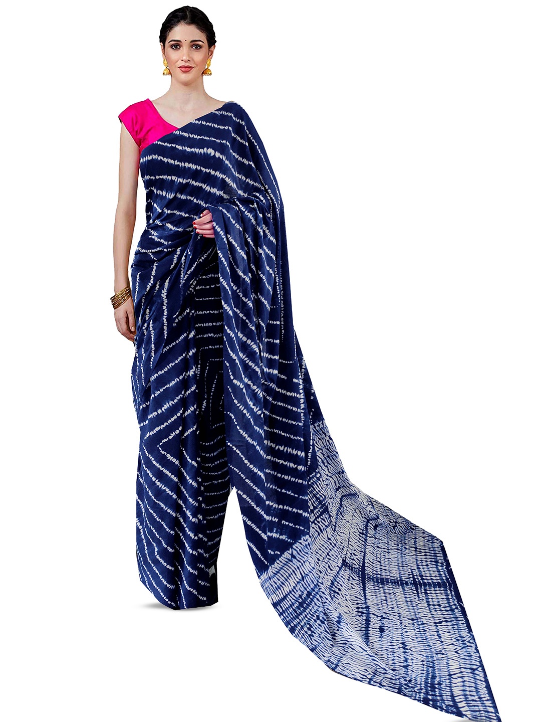

NIKHILAM Tie and Dye Pure Cotton Block Print Saree, Blue