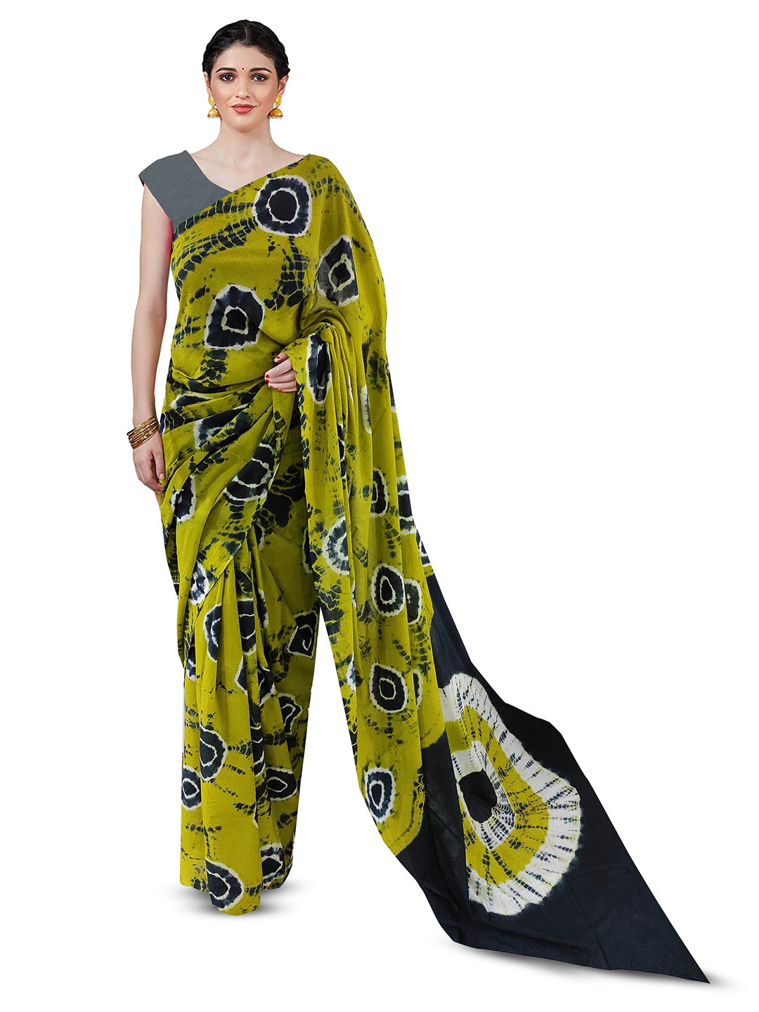 

NIKHILAM Tie & Dye Printed Mulmul Cotton Block Print Saree, Green
