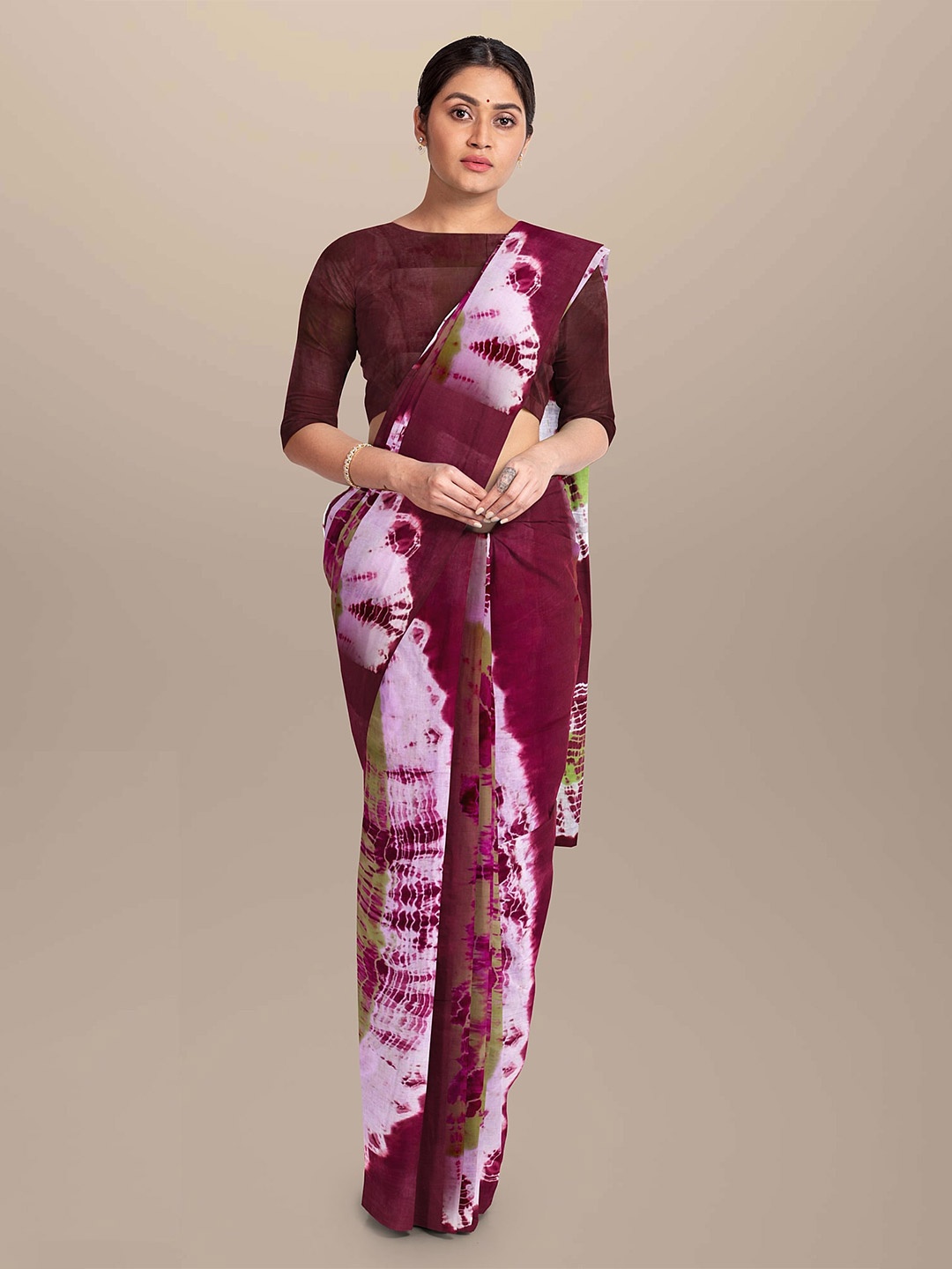 

NIKHILAM Tie & Dye Printed Mulmul Cotton Bagru Saree, Maroon