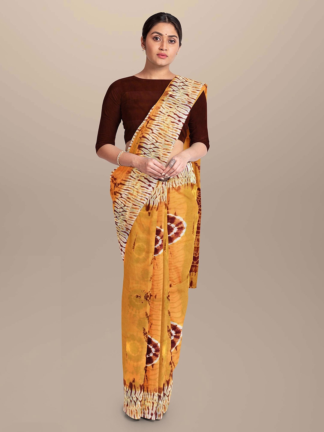

NIKHILAM Tie & Dye Printed Mulmul Cotton Bagru Saree, Yellow