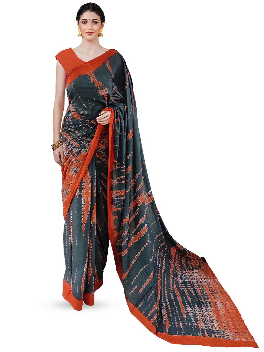 

NIKHILAM Leheriya Printed Mulmul Cotton Block Print Saree, Orange