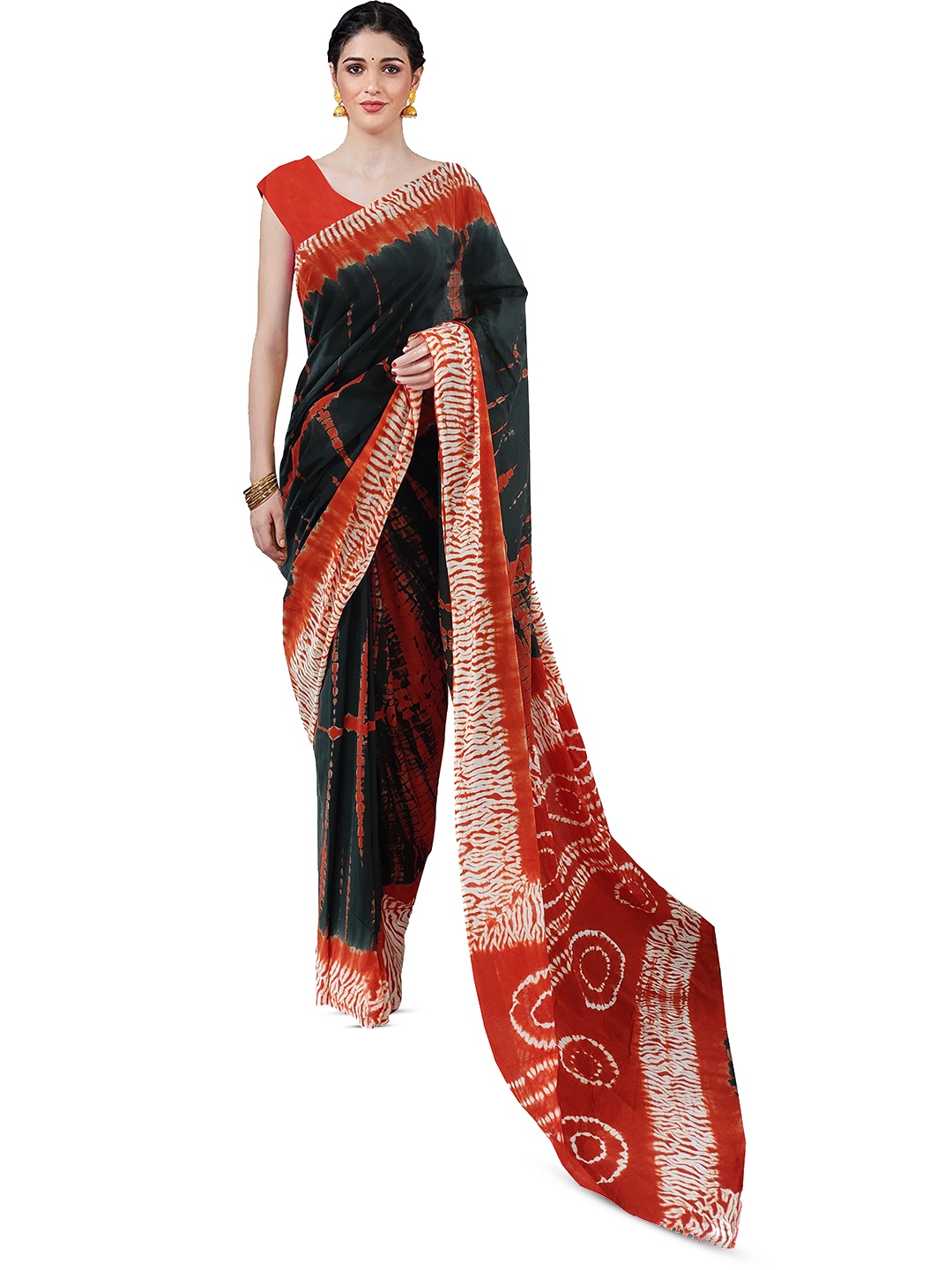 

NIKHILAM Tie & Dye Printed Mulmul Cotton Block Print Saree, Orange
