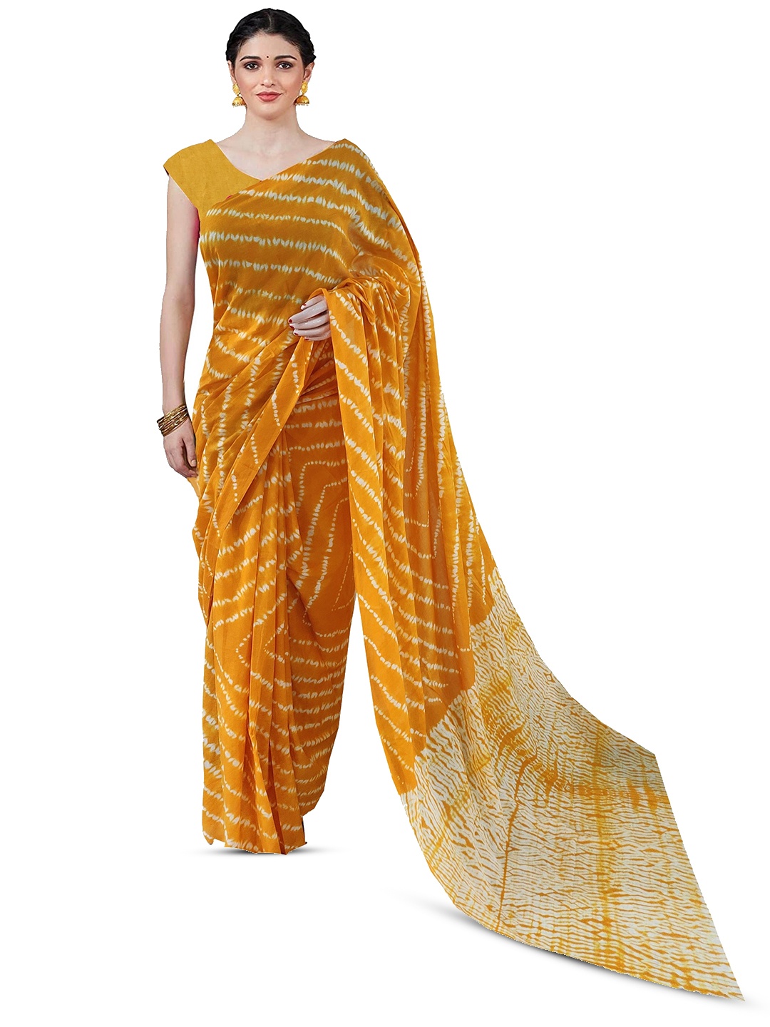 

NIKHILAM Leheriya Printed Mulmul Cotton Block Print Saree, Yellow