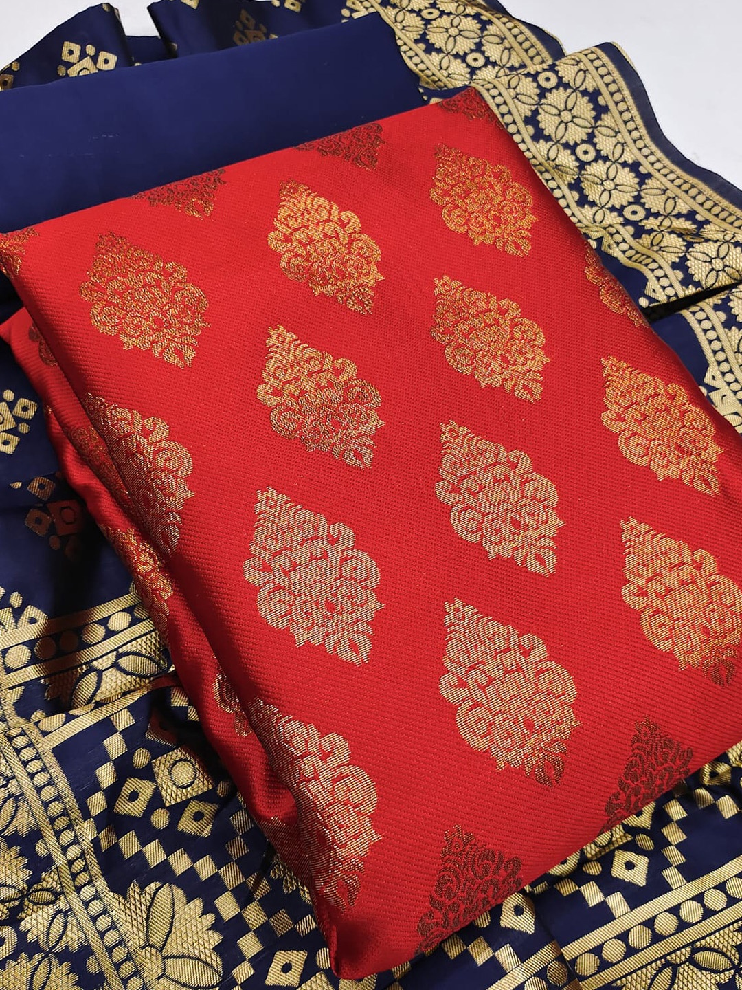 

KALINI Ethnic Motifs Woven Design Banarasi jacquard Unstitched Dress Material, Red