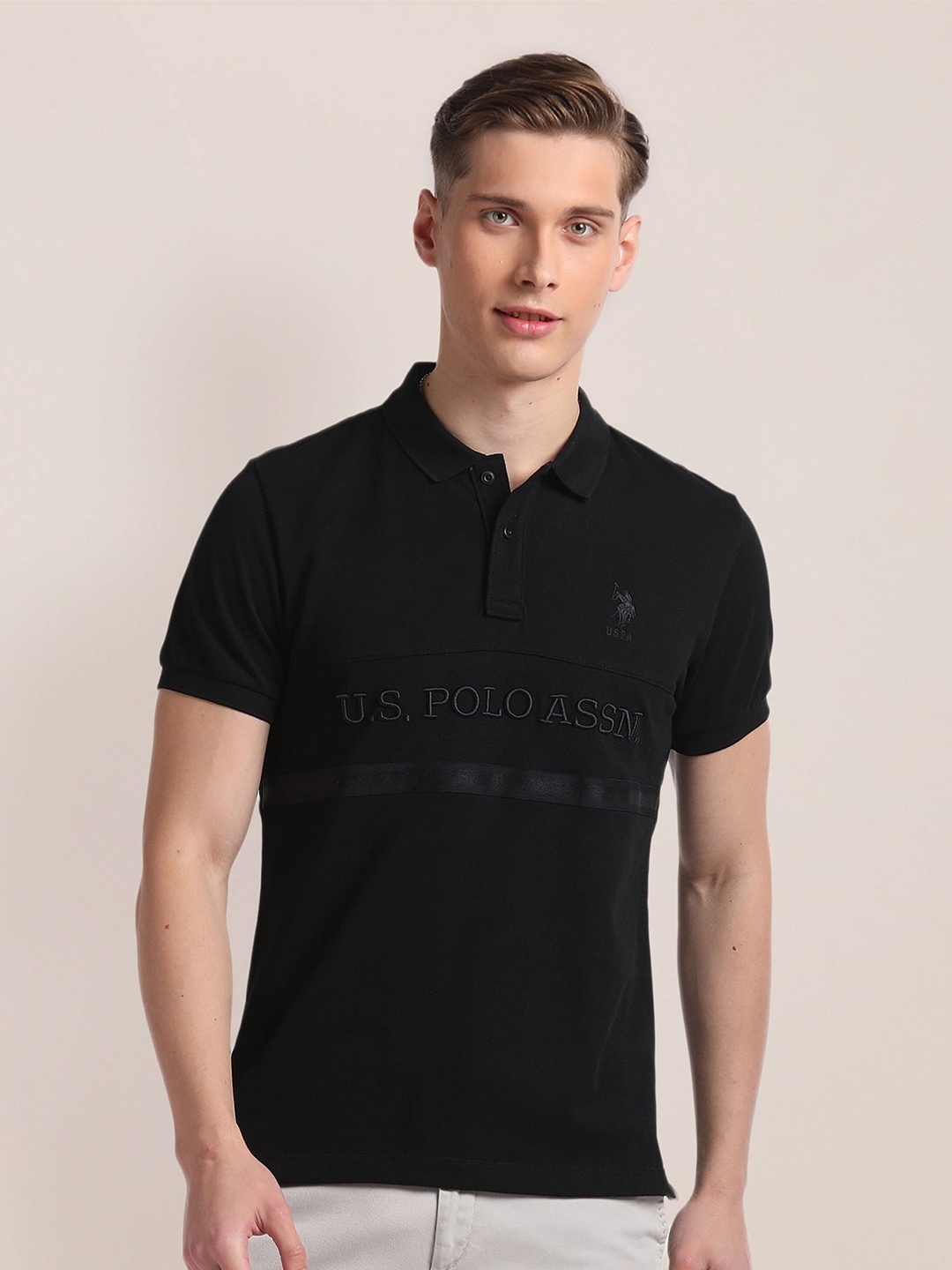 

U.S. Polo Assn. Short Sleeves Cotton Polo Collar Applique Slim Fit T-shirt, Black