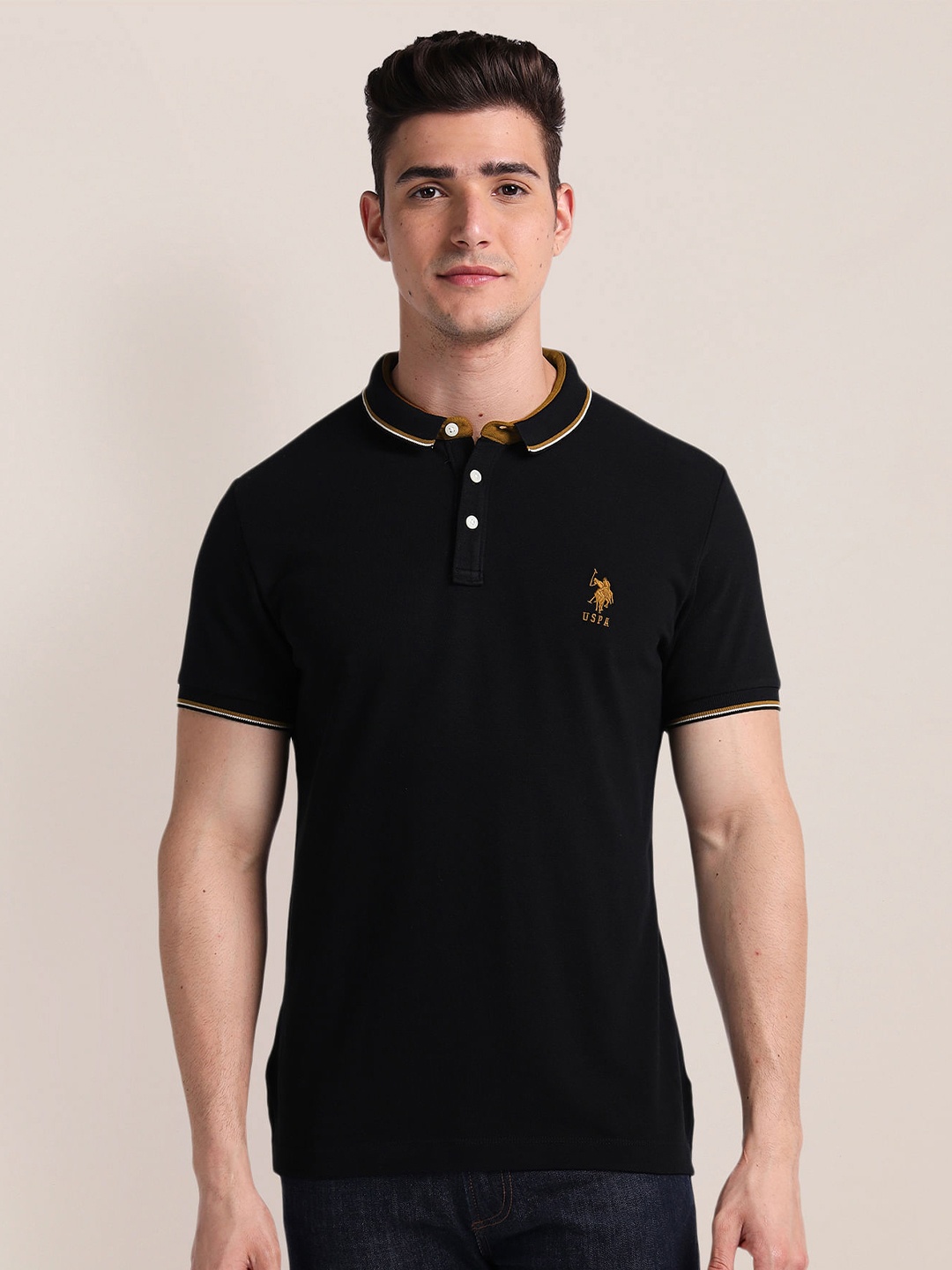 

U.S. Polo Assn. Short Sleeves Cotton Polo Collar Slim Fit T-shirt, Black