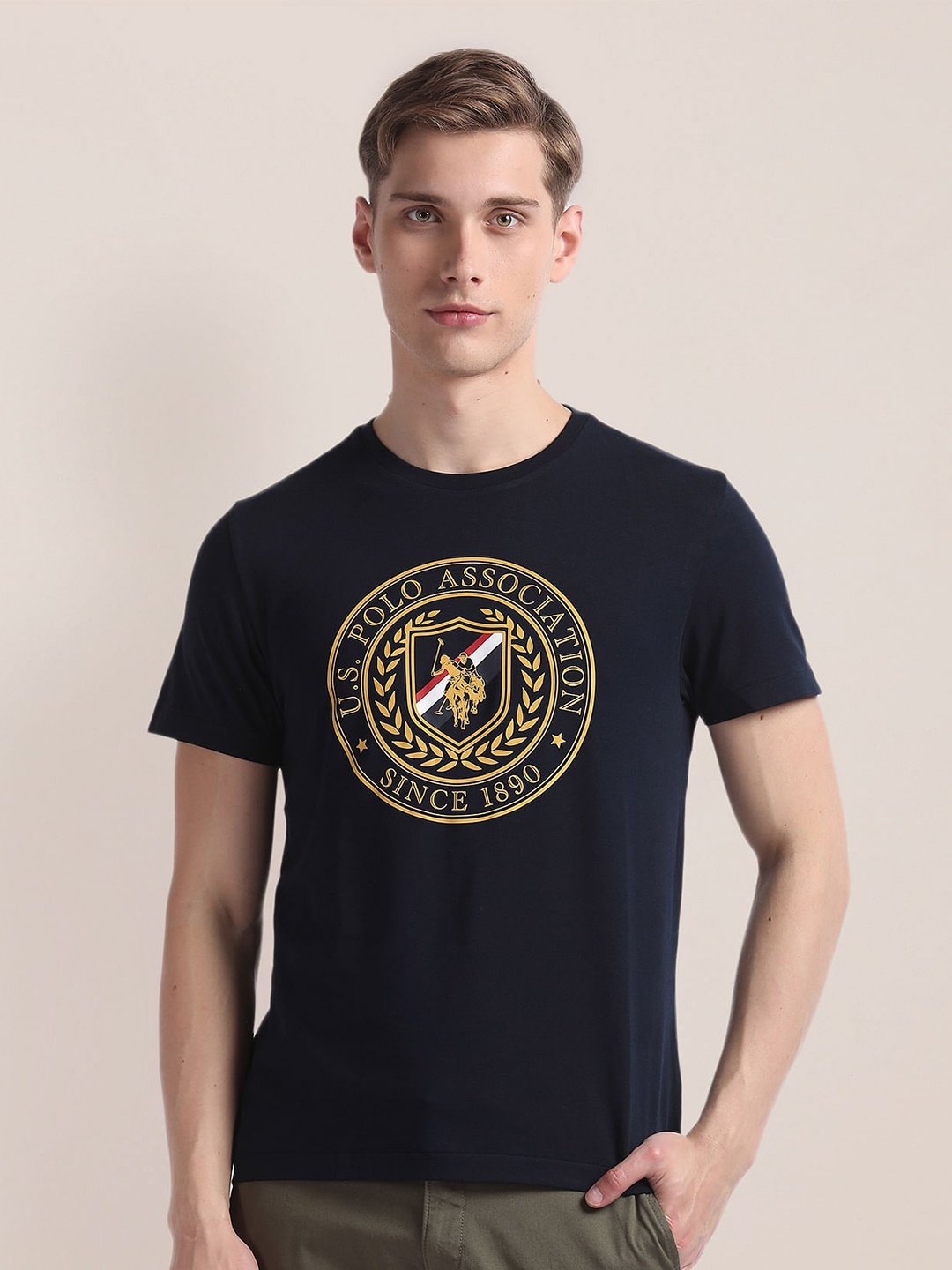 U.S. Polo Assn. Short Sleeves Cotton Typography Printed Slim Fit T-shirt, Blue