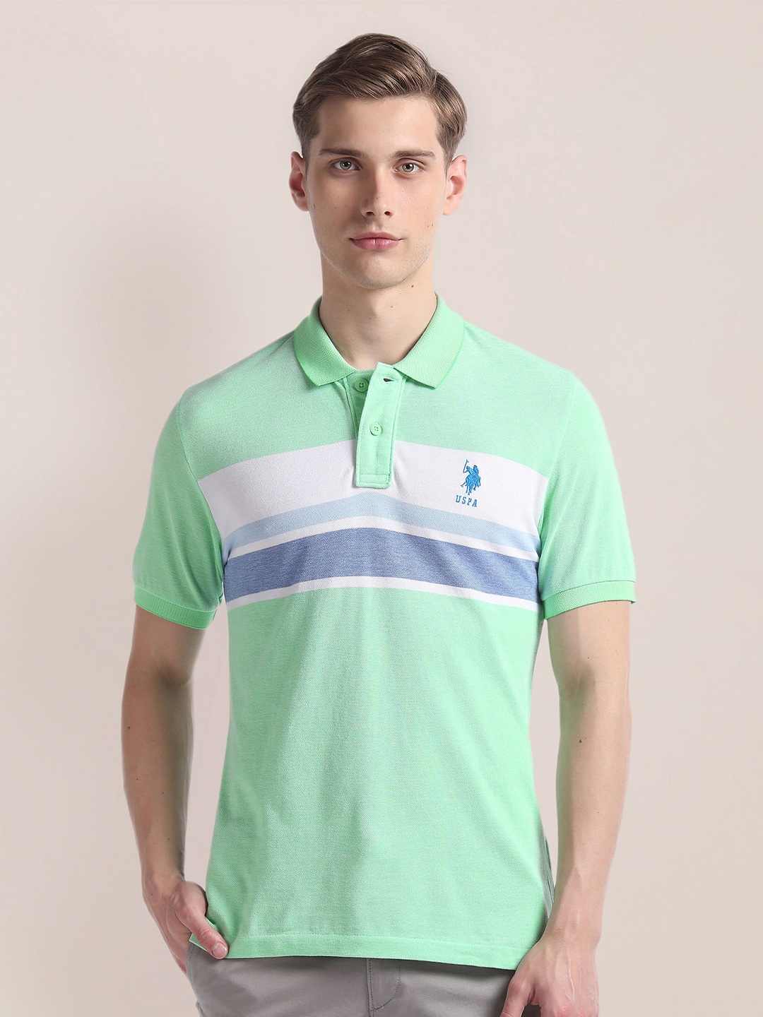 

U.S. Polo Assn. Short Sleeves Cotton Striped Polo Collar Applique Slim Fit T-shirt, Green