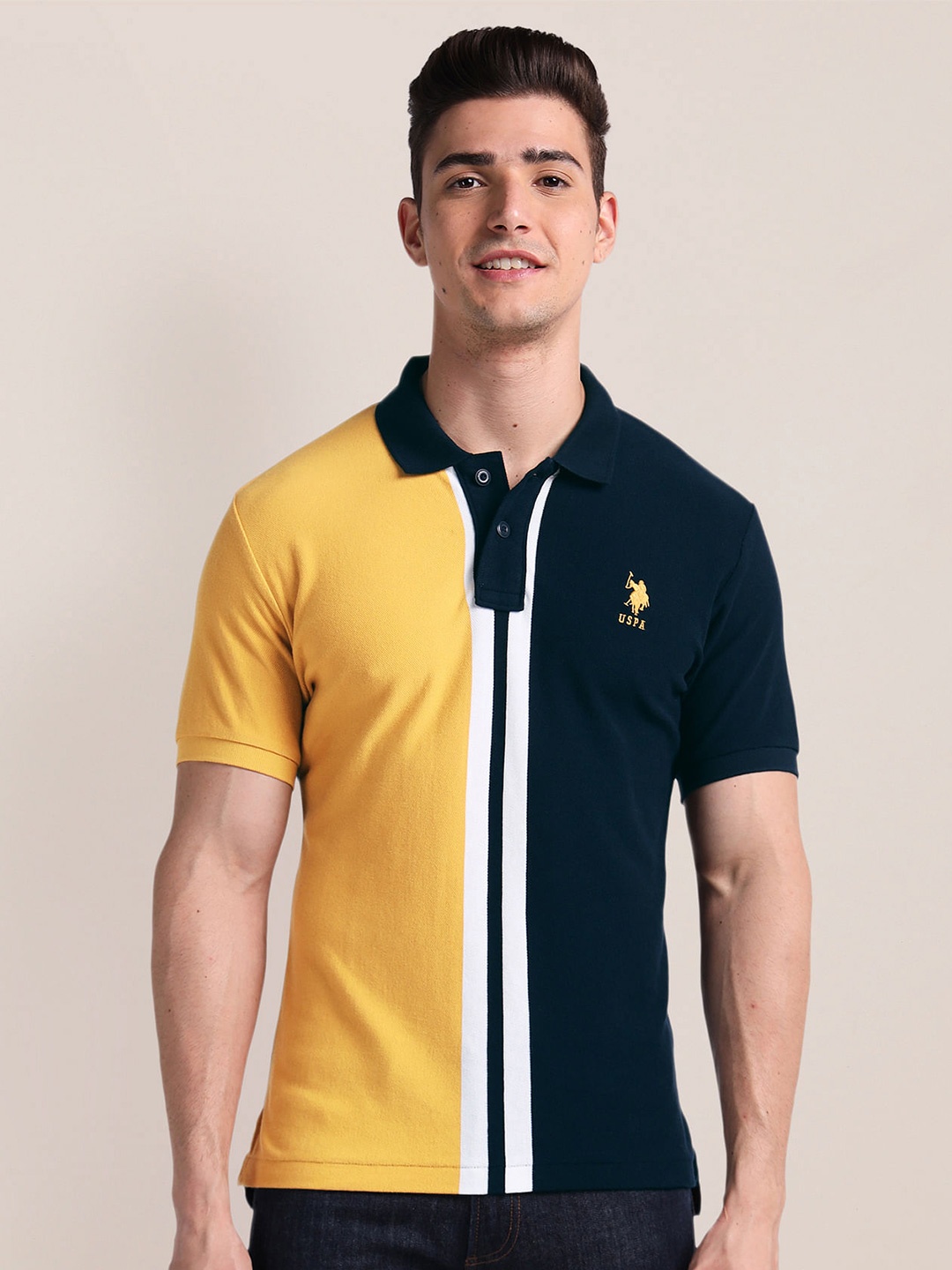 

U.S. Polo Assn. Short Sleeves Cotton Striped Polo Collar Applique Slim Fit T-shirt, Yellow